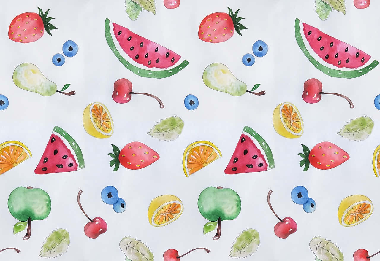 Fruits 桌布 壁紙 — 充滿活力的水彩水果，如草莓、西瓜和櫻桃，散落在乾淨的白色背景上。