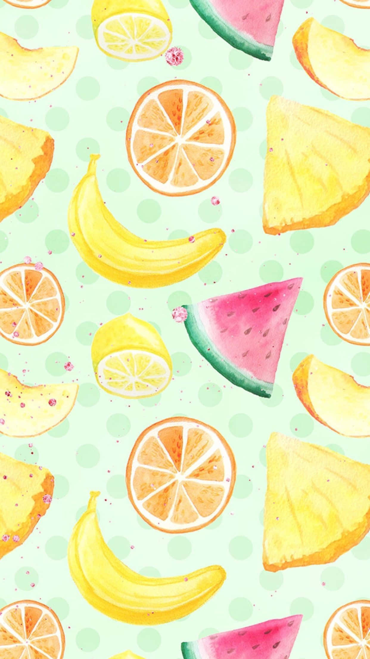 Cute Food iPhone 桌布 壁紙 — 充滿活力的水彩水果，如香蕉、西瓜和柳橙，漂浮在薄荷綠色圓點背景上。