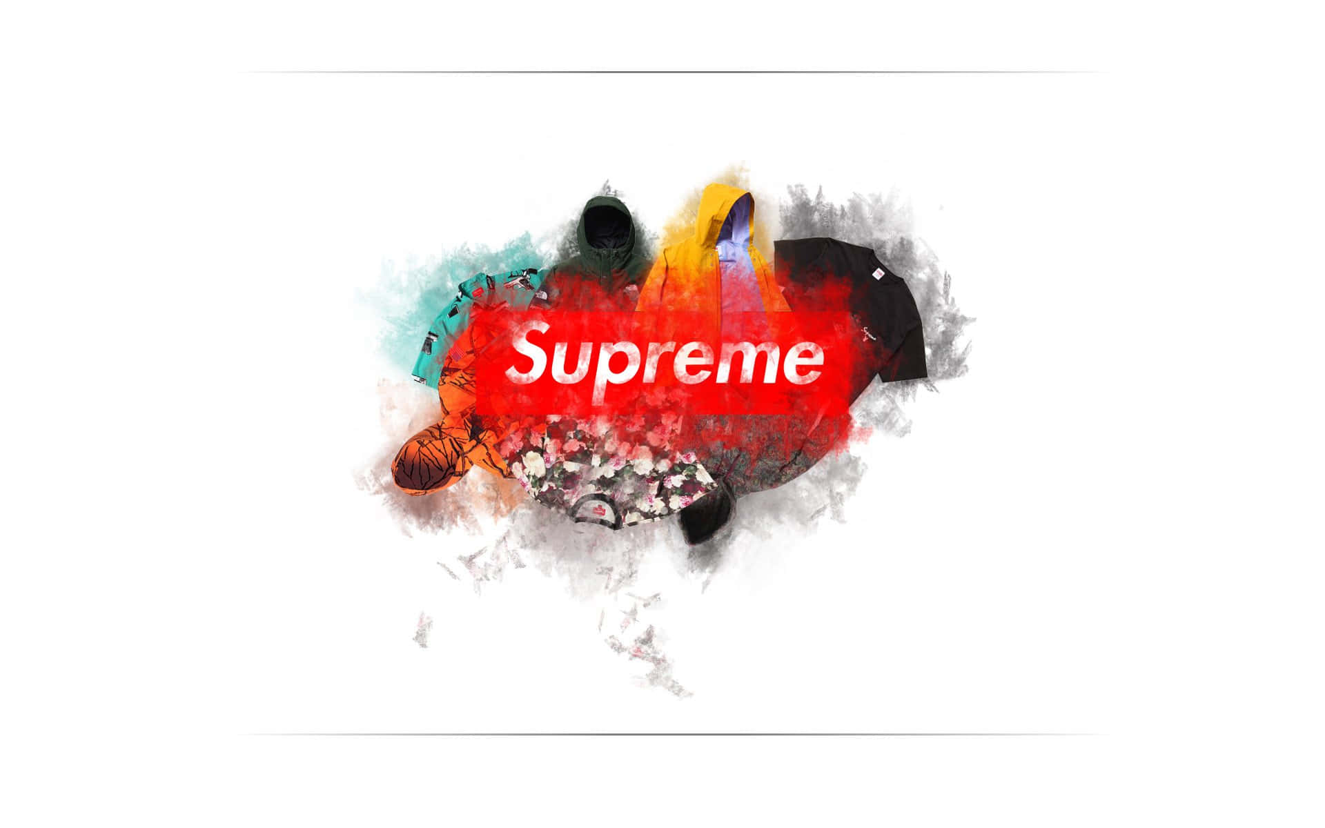 Clothing Design 桌布 壁紙 — 充滿活力的水彩潑濺，展示Supreme服飾，搭配大膽的紅色標誌，在純白背景上格外突出。