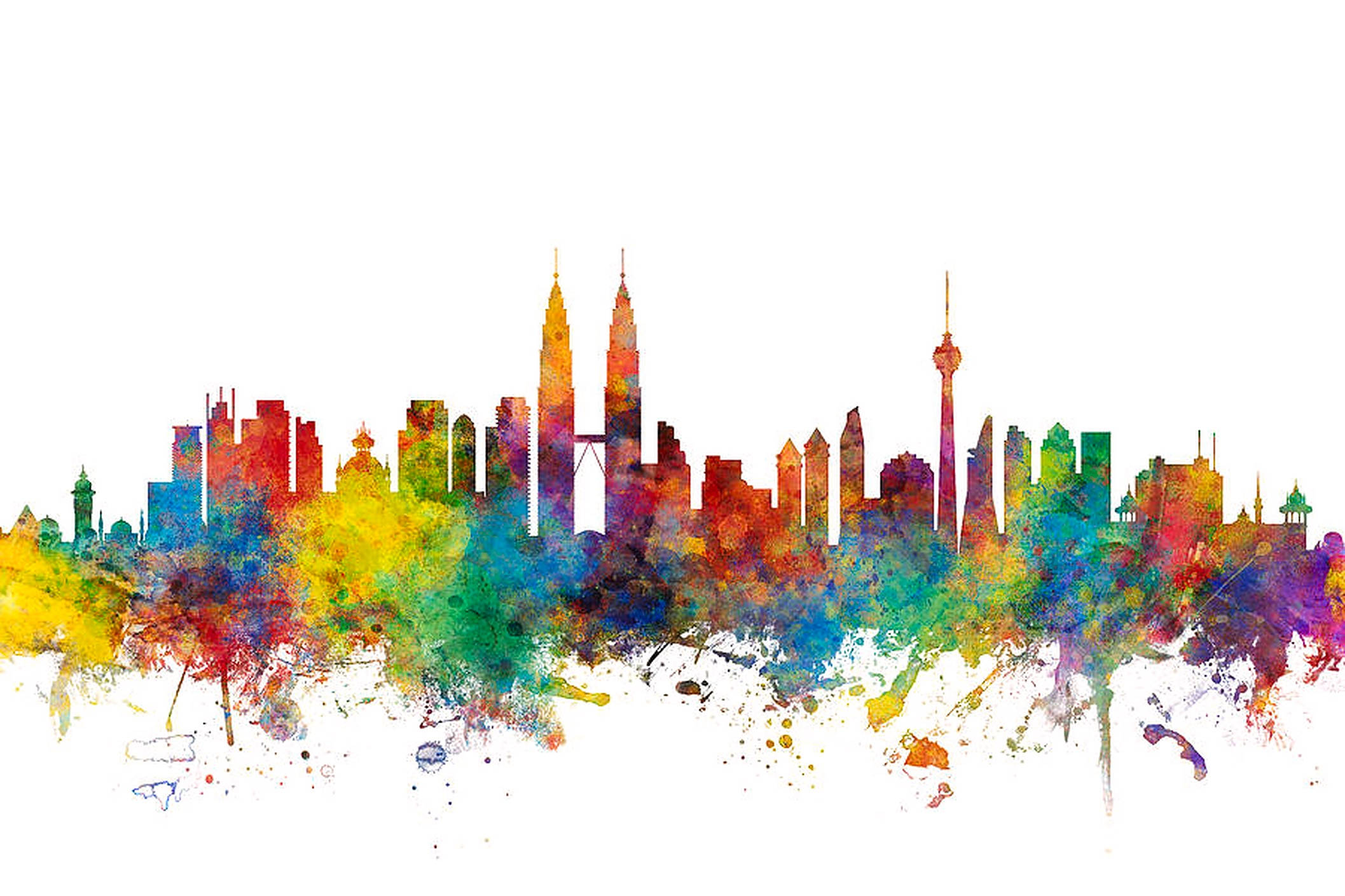 Kuala 桌布 壁紙 — 充滿活力的水彩潑濺描繪了吉隆坡天際線，包括雙子星塔和吉隆坡塔，背景為白色。
