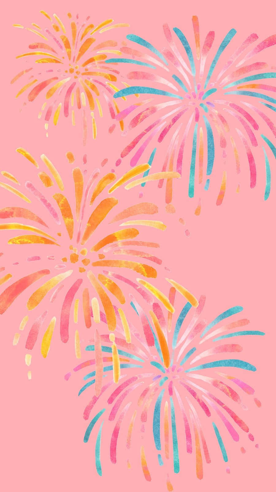 Fireworks 桌布 壁紙 — 充滿活力的水彩煙火，以粉紅、橙色和藍綠色在柔和的粉紅天空中綻放。
