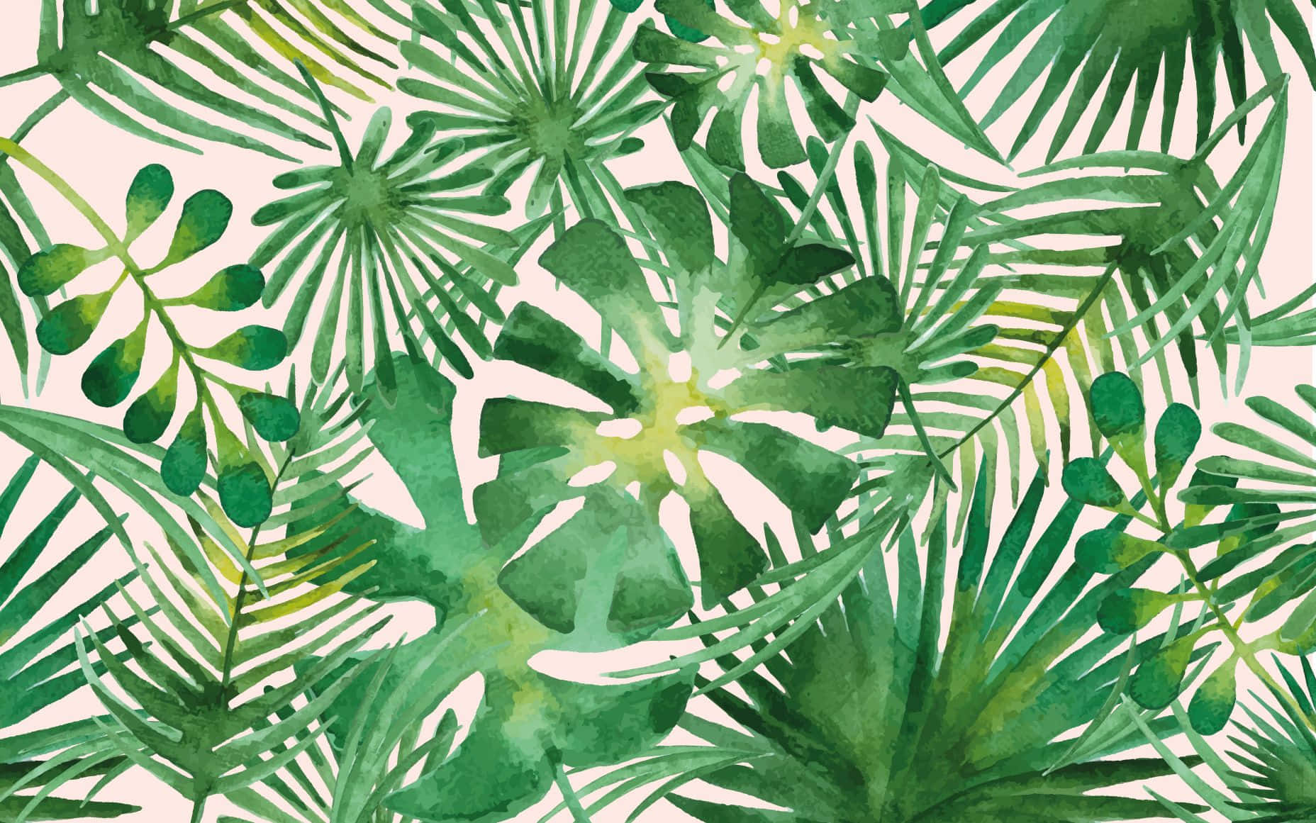 Aesthetic Leaf 桌布 壁紙 — 充滿活力的水彩熱帶樹葉，以不同深淺的綠色在柔和的奶油色背景上重疊。