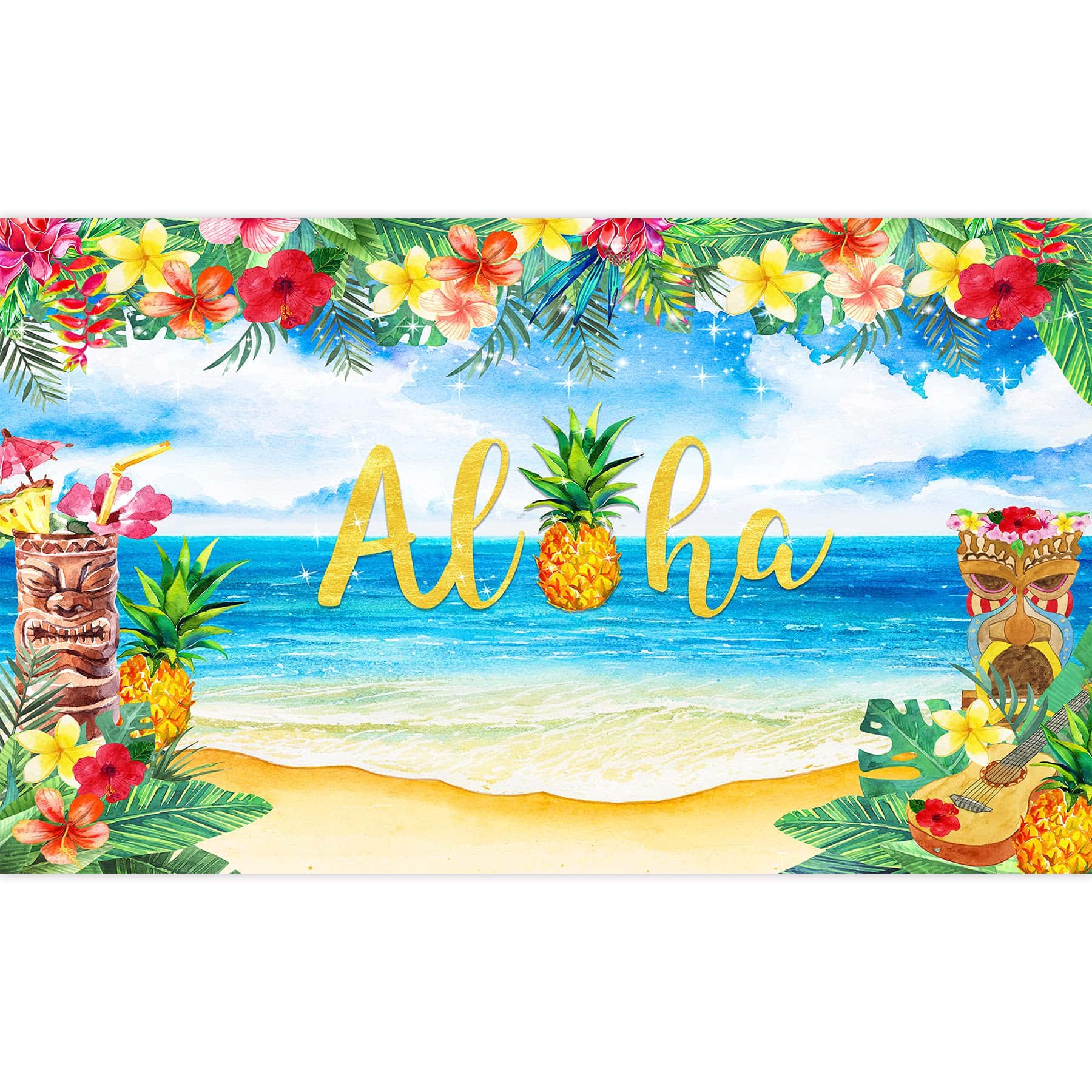 Luau 桌布 壁紙 — 充滿活力的水彩熱帶海灘場景，帶有金色'Aloha'文字、菠蘿、提基飲料和茂盛的花朵，在明亮的藍天下。
