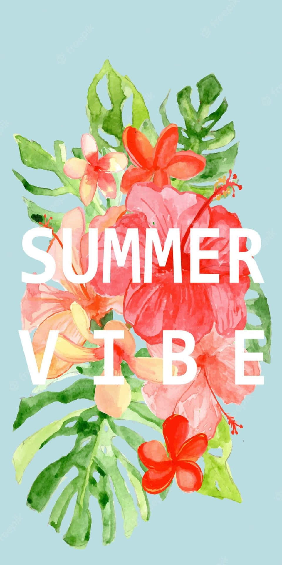 Pixel 3 Summer 桌布 壁紙 — 充滿活力的水彩熱帶花卉和葉子在柔和的藍色背景上綻放，並帶有粗體的夏季文字。