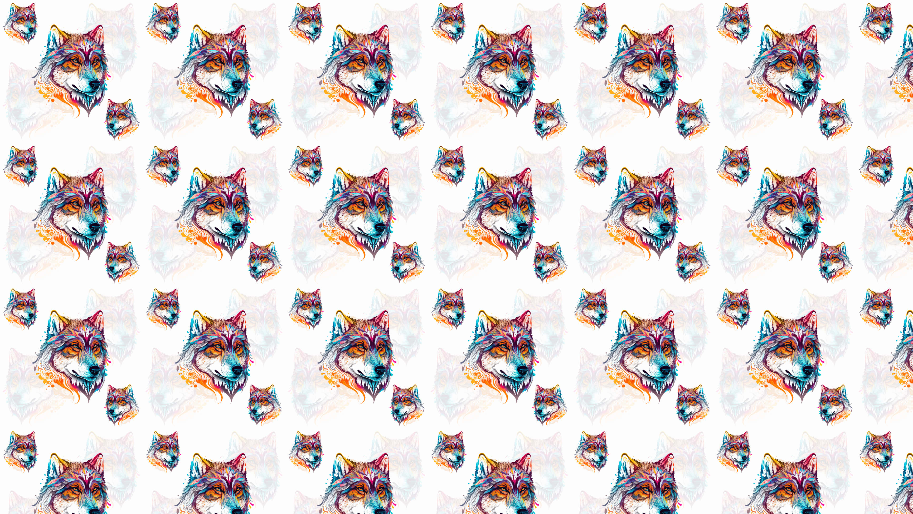 Wolf Pattern 桌布 壁紙 — 充滿活力的水彩狼頭以重複圖案呈現，帶有橙色、藍色和紫色色調，背景為白色。