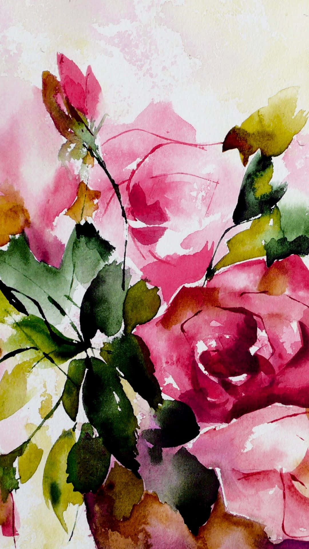 Watercolor Floral 桌布 壁紙 — 充滿活力的水彩玫瑰盛開，粉紅花瓣和綠葉襯托著柔軟的紋理背景。