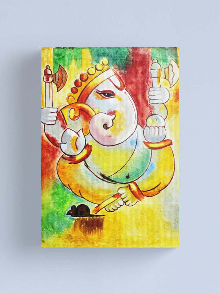 象神 桌布 壁紙 — 充滿活力的水彩畫，描繪印度教神祇象頭神伽內什手持斧頭和套索，背景為色彩繽紛的抽象圖案。