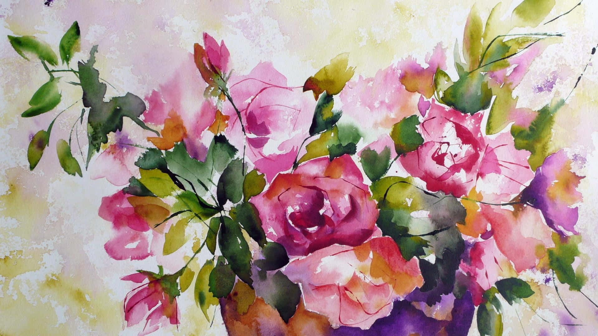 Watercolor 桌布 壁紙 — 充滿活力的水彩畫，描繪粉紅玫瑰和綠葉，帶有柔和黃色背景洗滌效果。