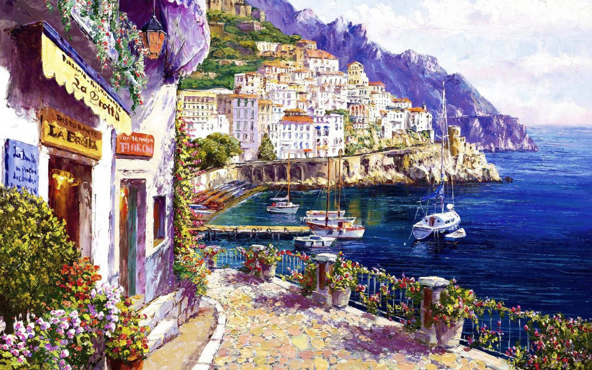 Capri 桌布 壁紙 — 充滿活力的水彩畫，描繪陽光明媚的海岸村莊，梯田式建築、港口的船隻以及石徑旁盛開的藤蔓。