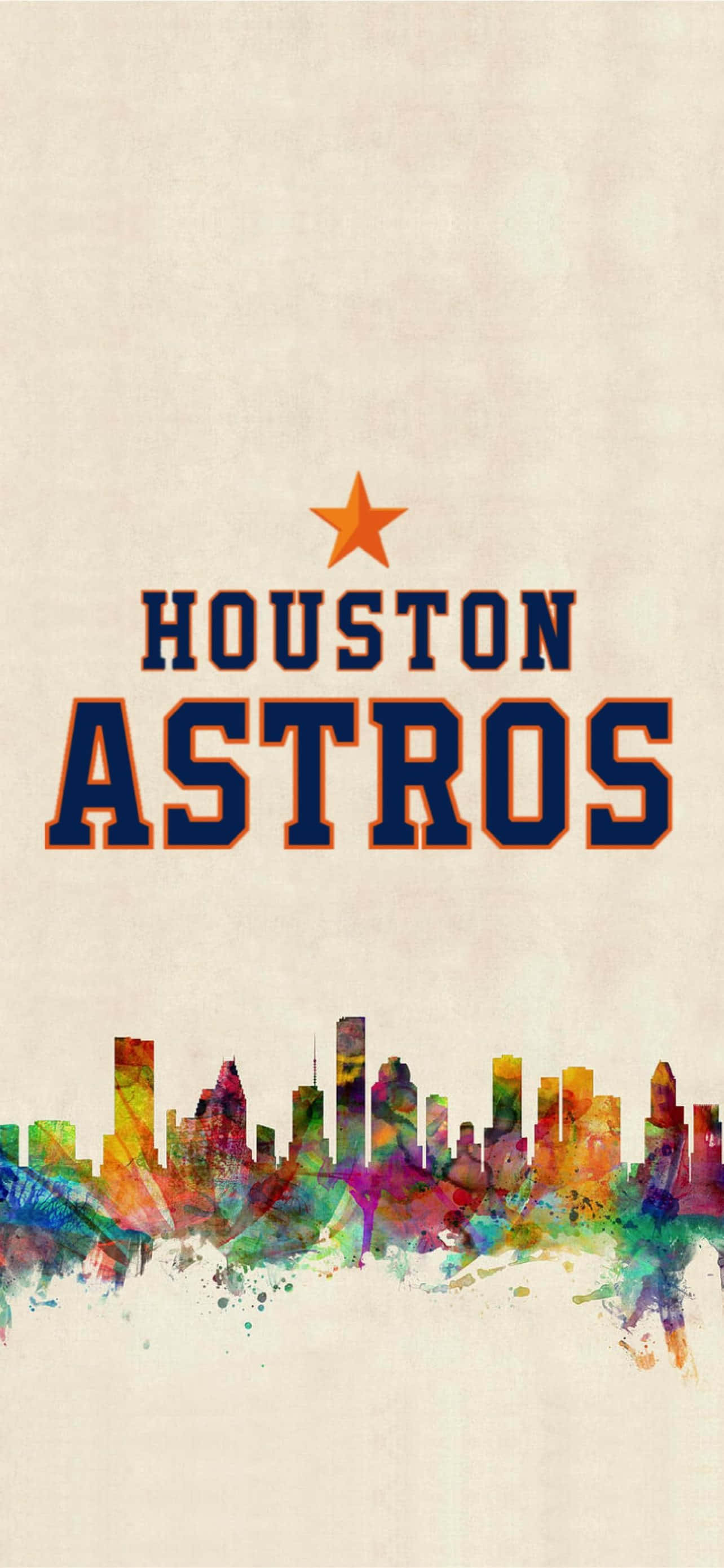 Astros 桌布 壁紙 — 充滿活力的水彩畫休士頓天際線，上方有「Houston Astros」文字和星星，背景為紋理米色。