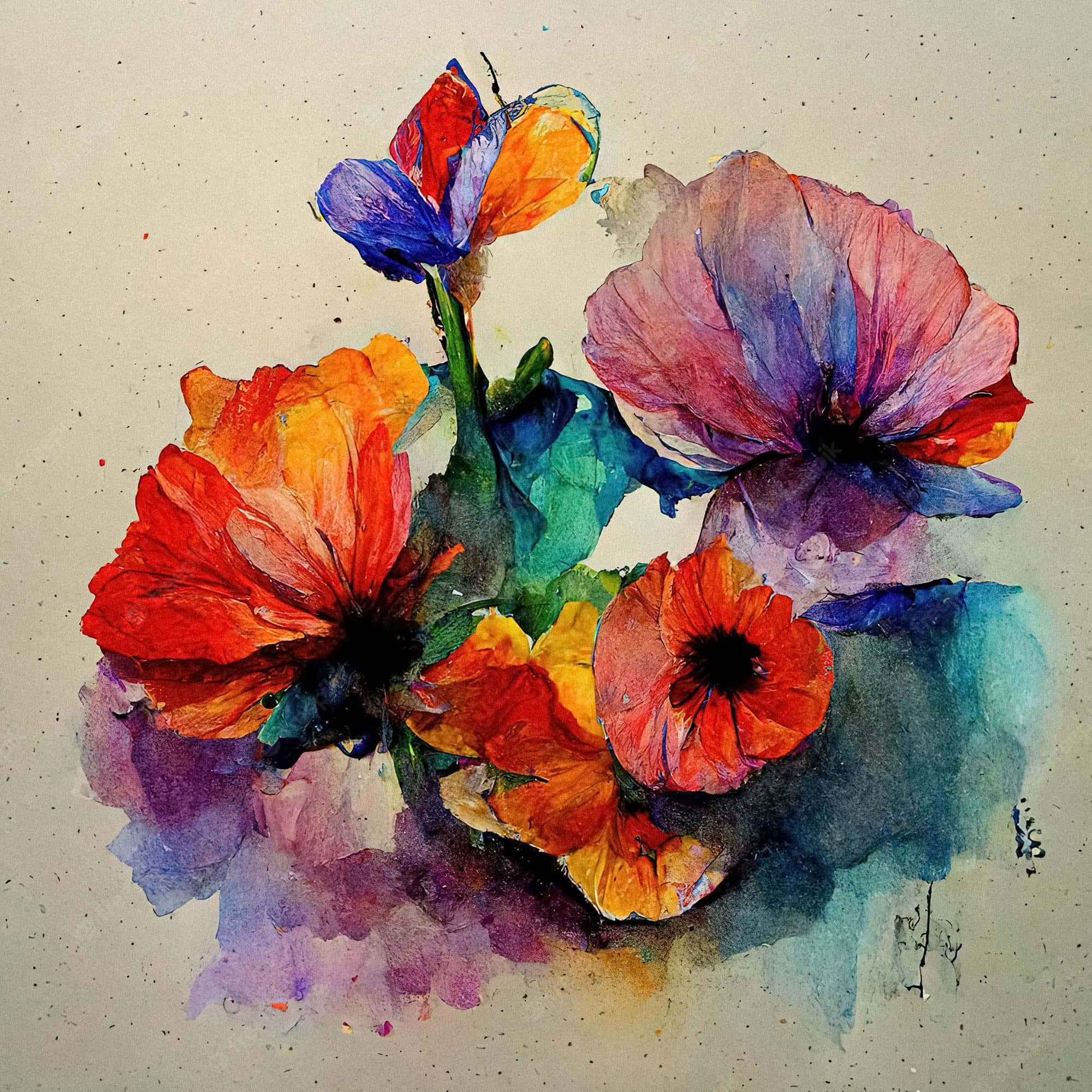 Flower Drawing 桌布 壁紙 — 充滿活力的水彩罌粟花，有紅色、橙色、藍色和紫色，在帶有紋理的米白色背景上綻放，筆觸富有表現力。