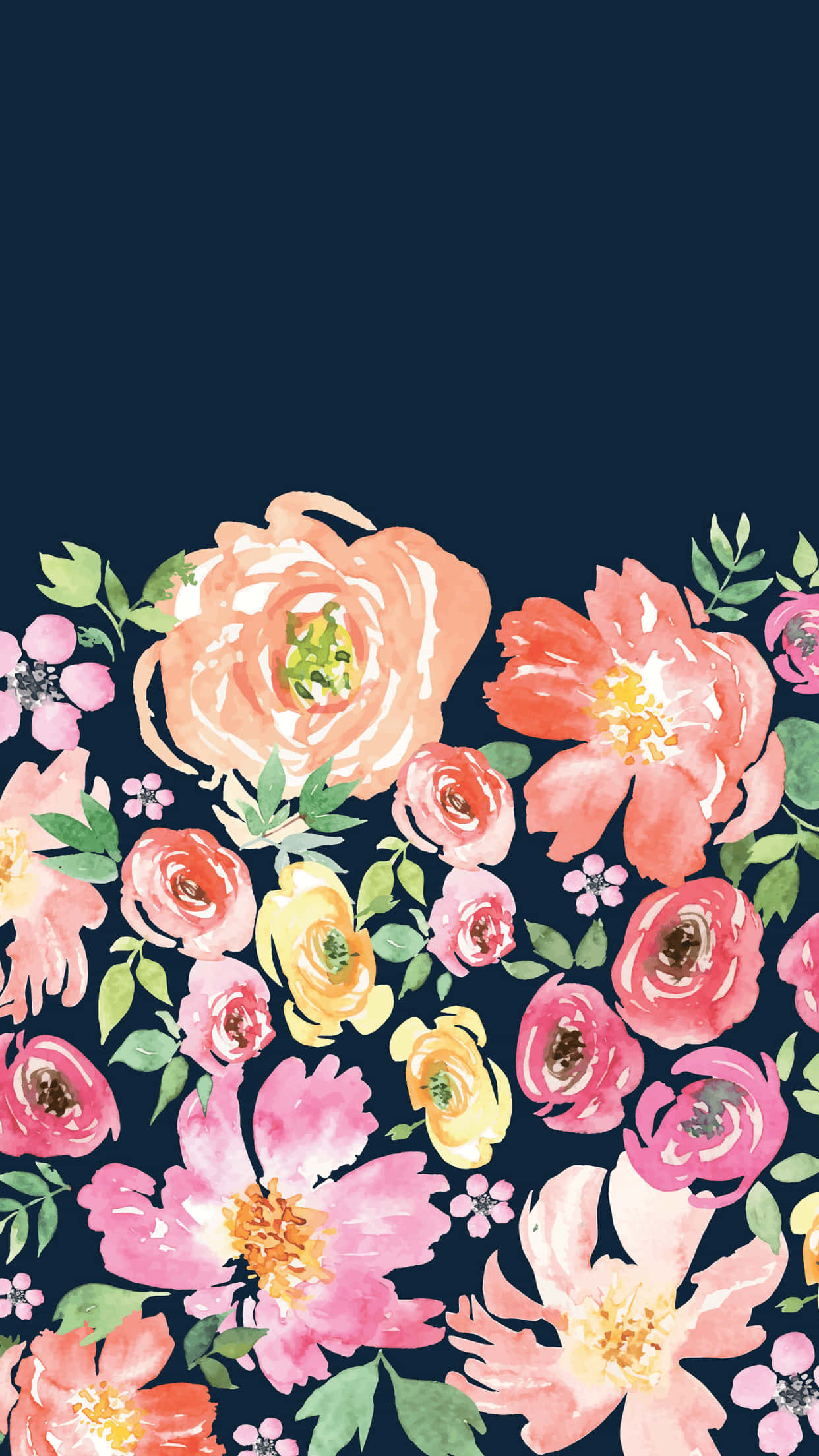 花卉 桌布 壁紙 — 充滿活力的水彩花卉，以珊瑚粉、黃色和蜜桃色綻放，襯托深海軍藍背景。