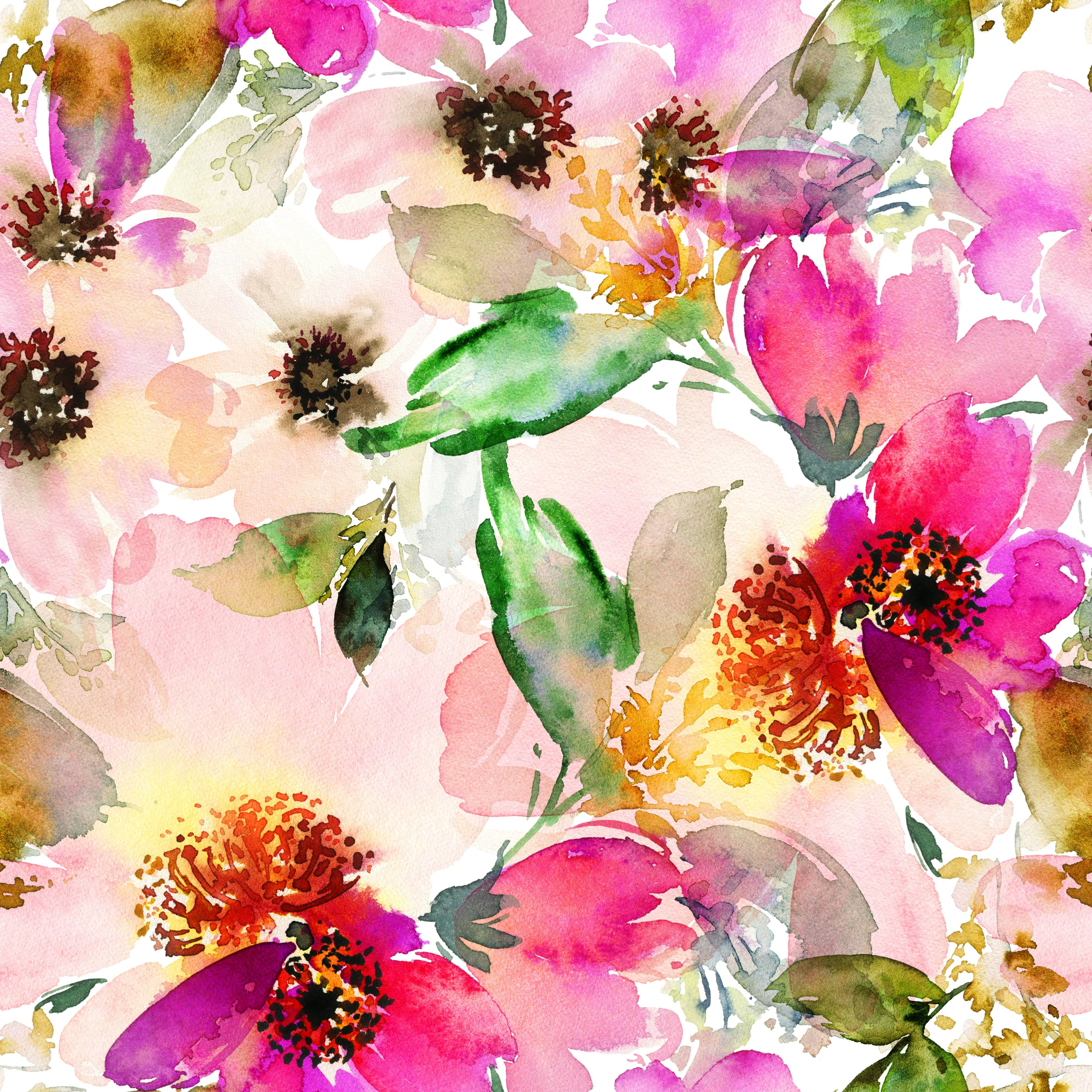 Painting 桌布 壁紙 — 充滿活力的水彩花卉，以粉紅、洋紅和綠色在柔和漸變背景上綻放。