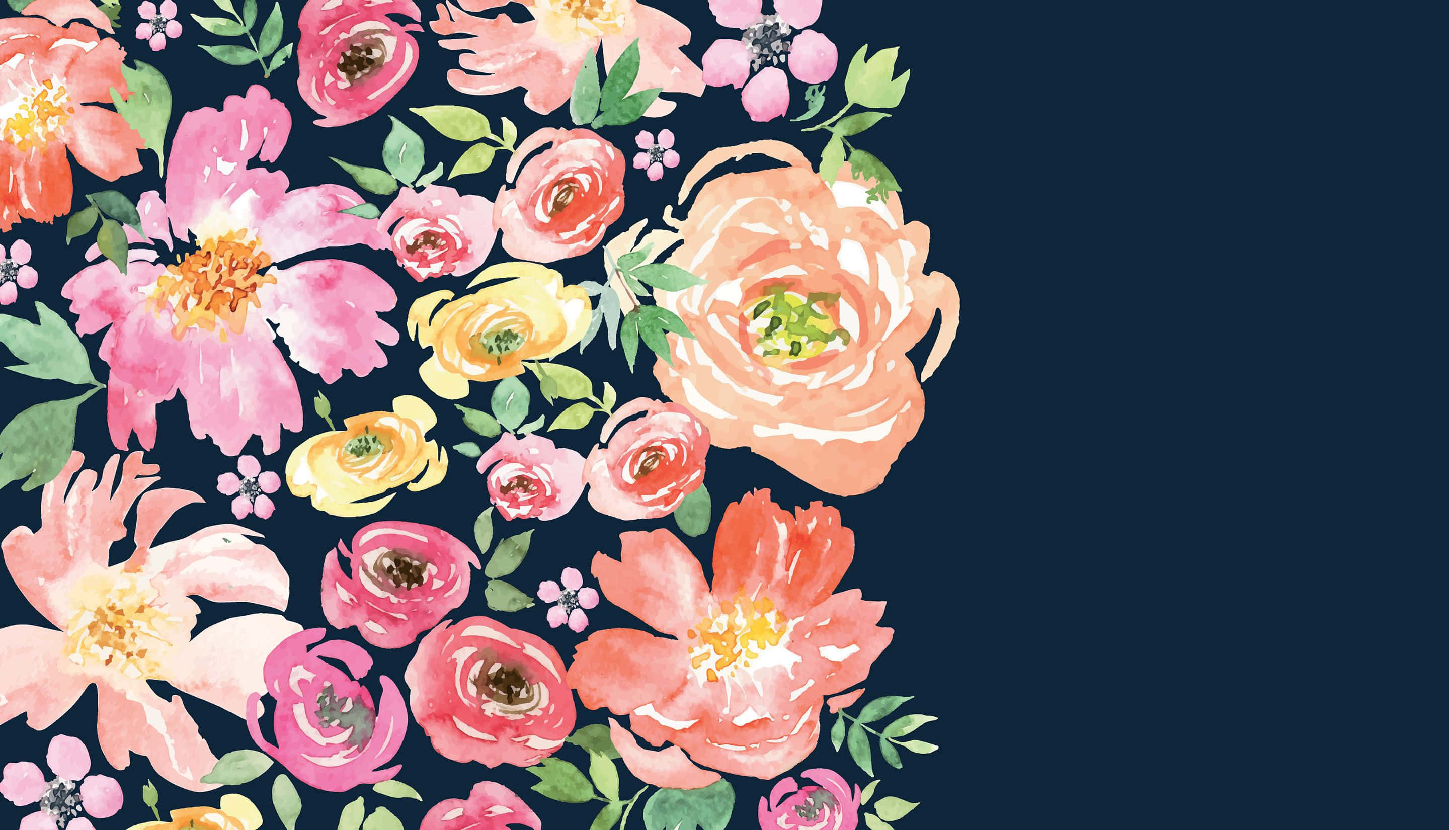 Painting 桌布 壁紙 — 充滿活力的水彩花卉，以粉紅、蜜桃和黃色綻放，襯托深海軍藍背景。
