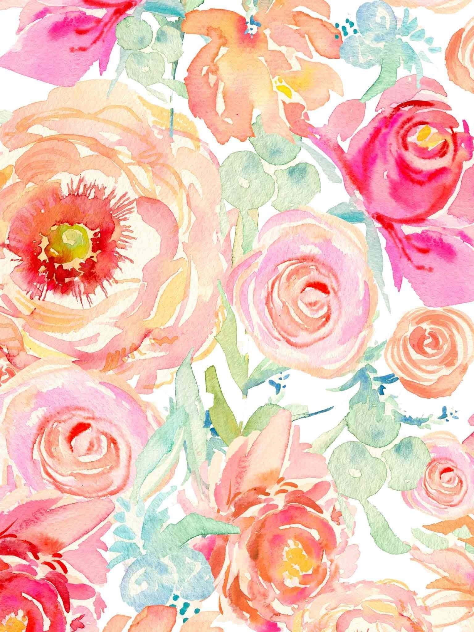 Watercolor 桌布 壁紙 — 充滿活力的水彩花卉，以粉紅、蜜桃和珊瑚色綻放，襯托著潔白的背景和柔軟的綠葉。