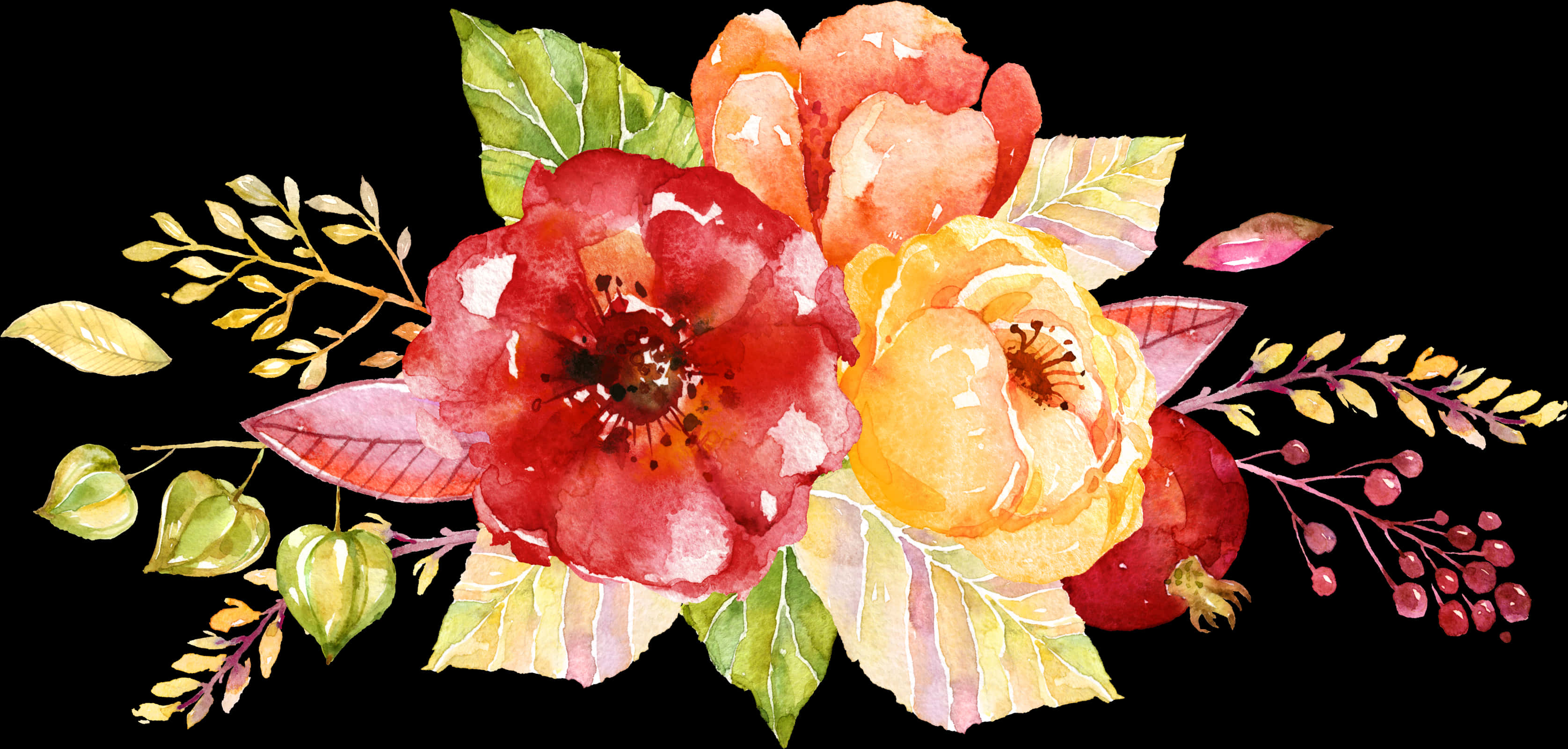 Watercolor 桌布 壁紙 — 充滿活力的水彩花卉佈置，紅色黃色花朵、綠色葉子和漿果，襯托在純黑色背景上。