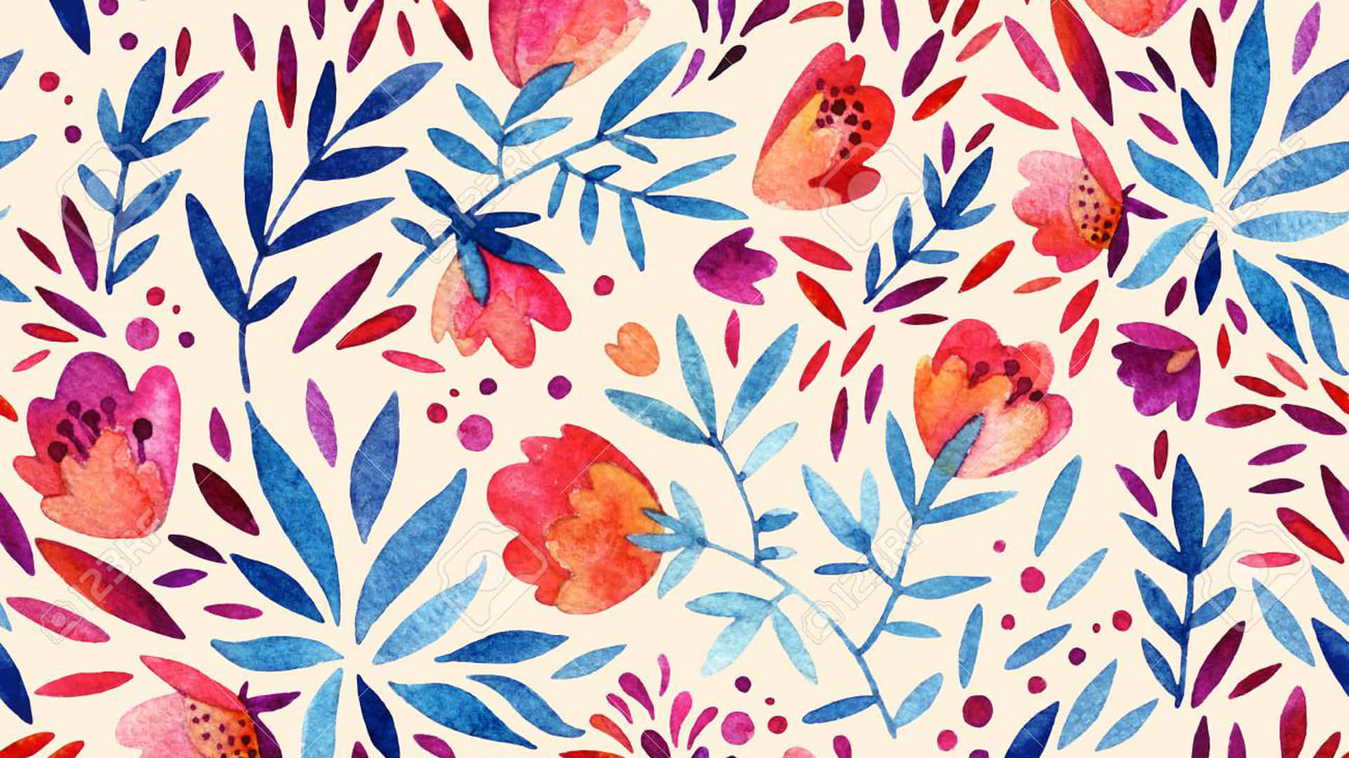 Painting 桌布 壁紙 — 充滿活力的水彩花卉圖案，在奶油色背景上搭配大膽的藍色葉子和珊瑚粉紅花朵。