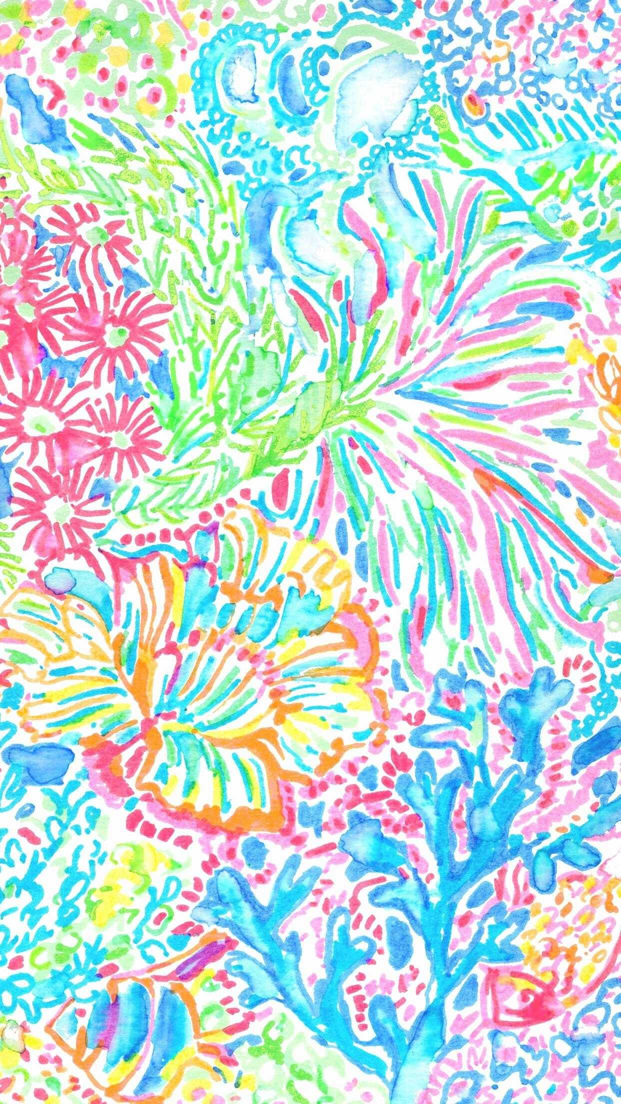 圖案 桌布 壁紙 — 充滿活力的水彩花卉圖案，帶有珊瑚和抽象形狀，採用電光粉紅、藍、綠和黃色。