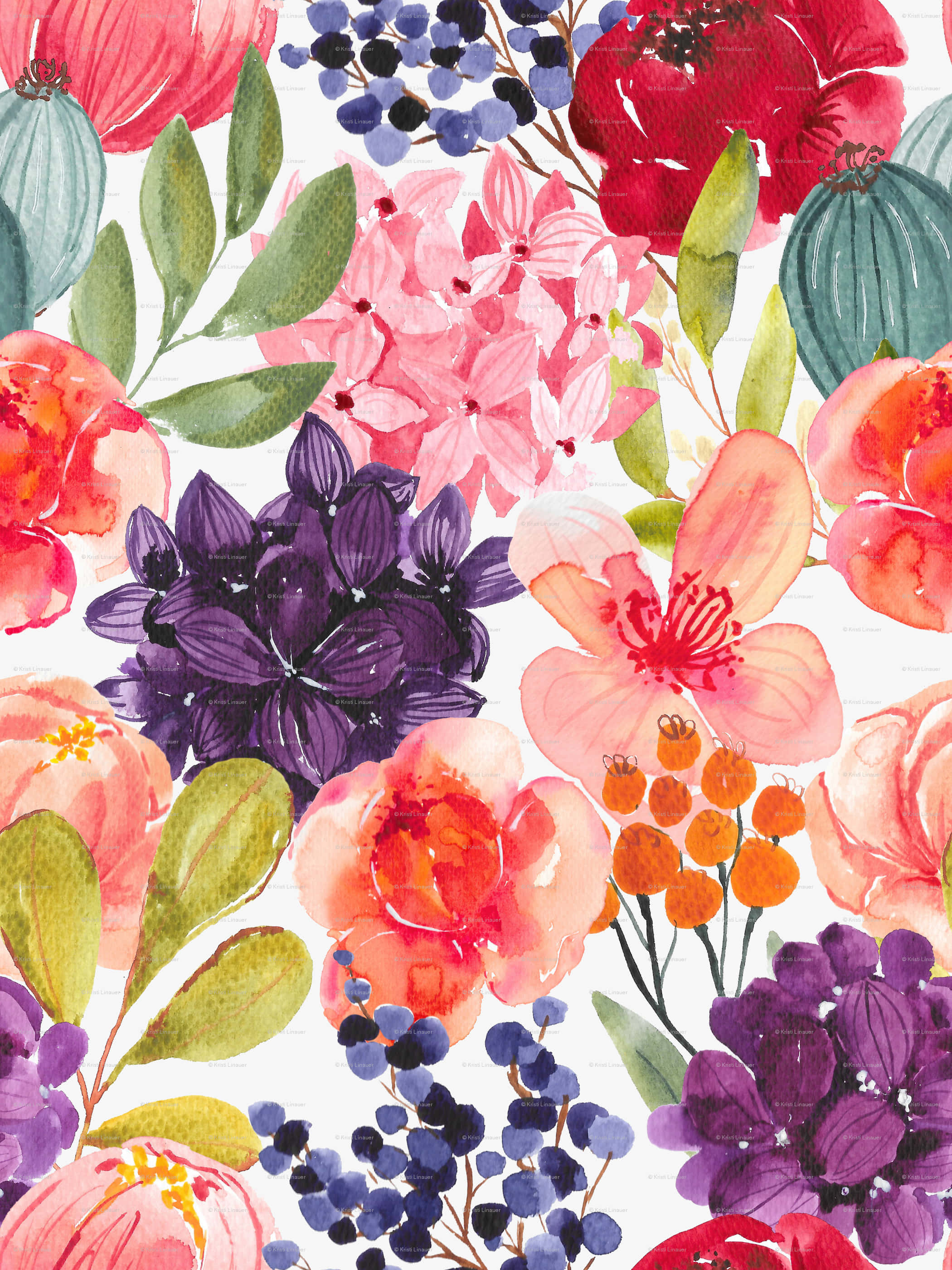 Painting 桌布 壁紙 — 充滿活力的水彩花卉圖案，白色背景上綻放粉紅、紅、紫和橙色花朵。