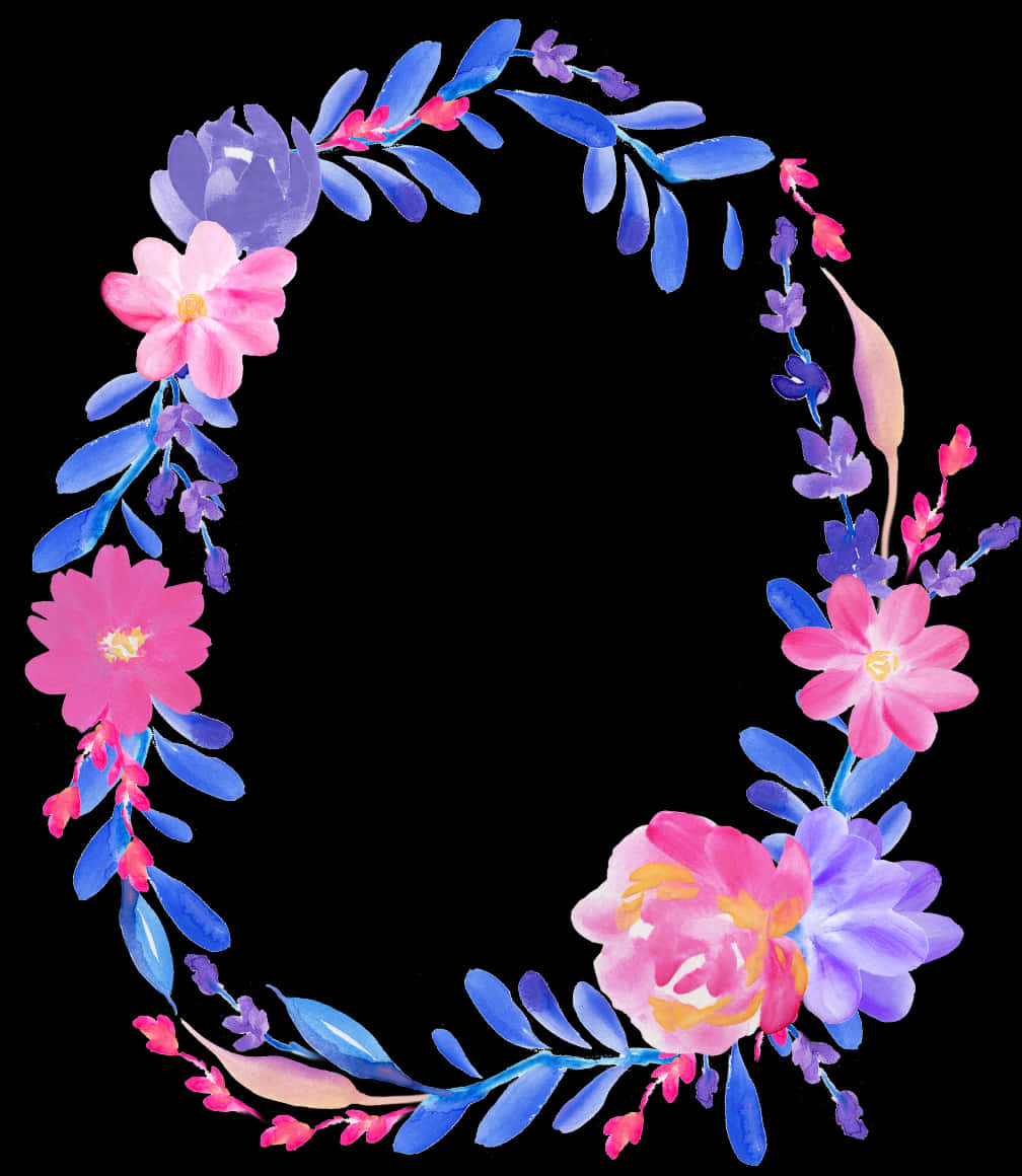 Flower Wreath 桌布 壁紙 — 充滿活力的水彩花卉花環，粉紅色和藍色的花朵和葉子，襯托在純黑色背景上。
