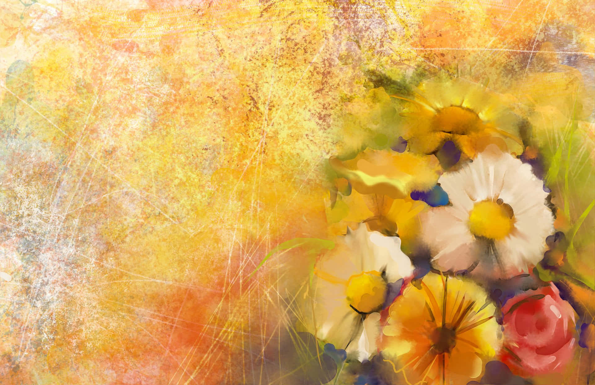Flowers 桌布 壁紙 — 充滿活力的水彩花朵在帶有紋理的金色背景上綻放，筆觸柔和，色調溫暖。