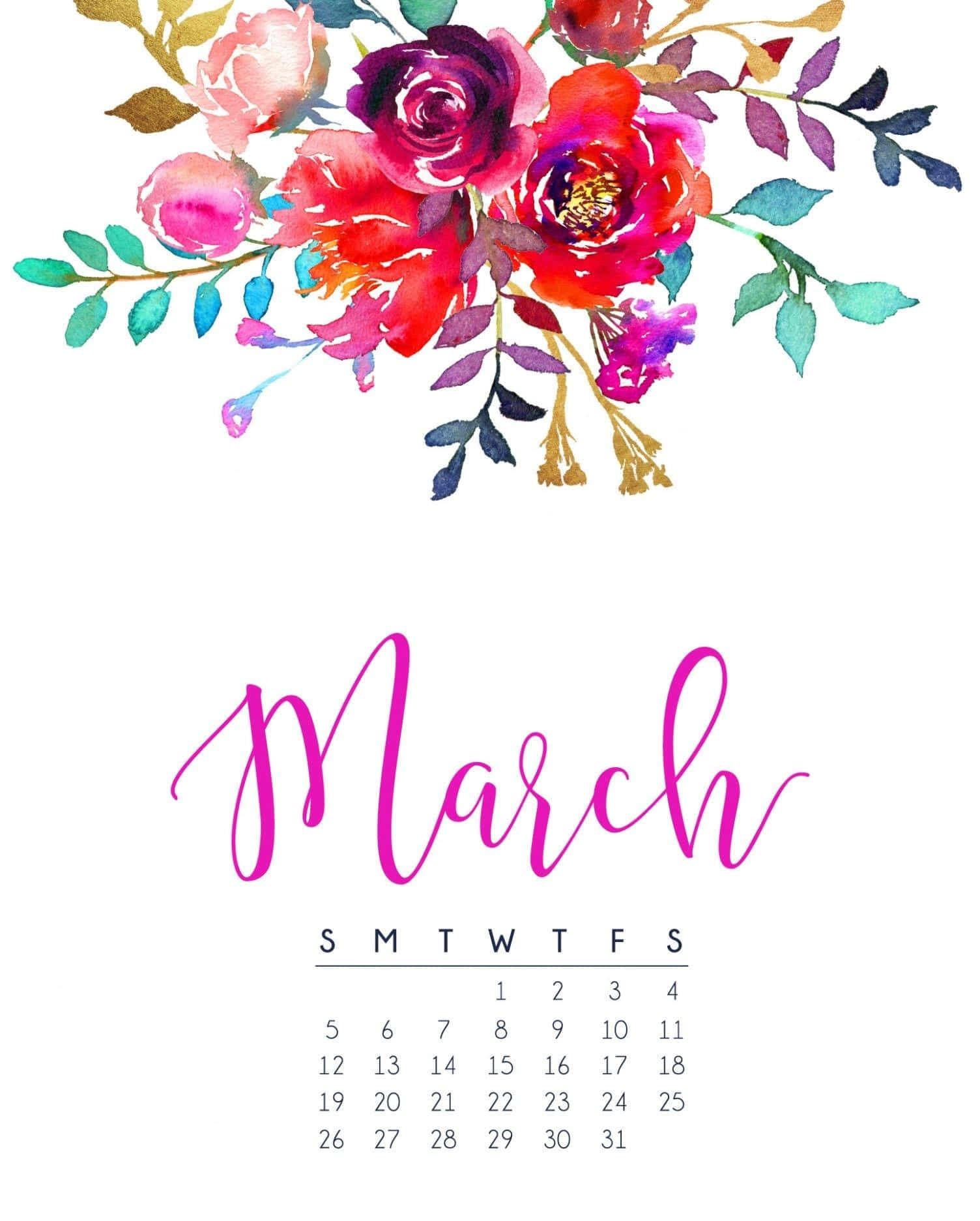 March 桌布 壁紙 — 充滿活力的水彩花束以優雅的粉紅色字體和柔軟的葉子點綴，為三月日曆加冕。