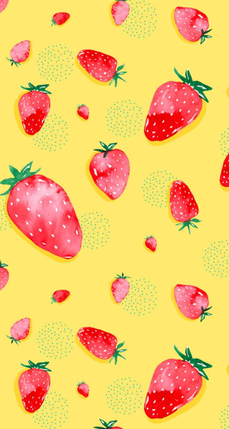 Cute Strawberry 桌布 壁紙 — 充滿活力的水彩草莓漂浮在陽光黃色背景上，帶有綠色圓點圓圈。