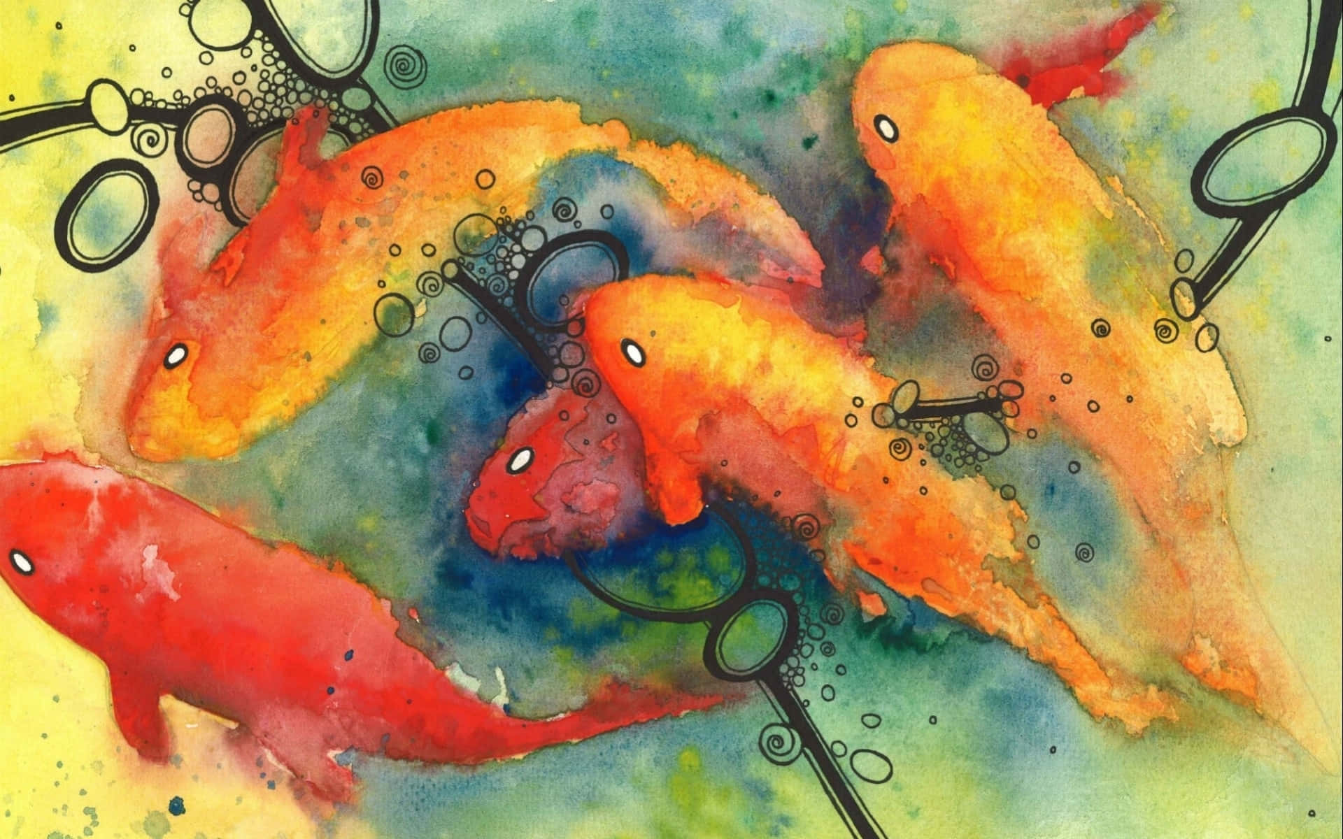 High Resolution Watercolor 桌布 壁紙 — 充滿活力的水彩錦鯉在旋轉的藍色和黃色中優雅地游動，帶有黑色氣泡輪廓。
