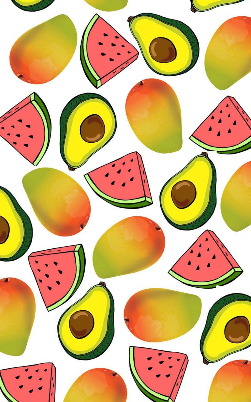Watermelon 桌布 壁紙 — 充滿活力的水彩風格圖案，切片西瓜、酪梨和完整芒果散落在潔白背景上。