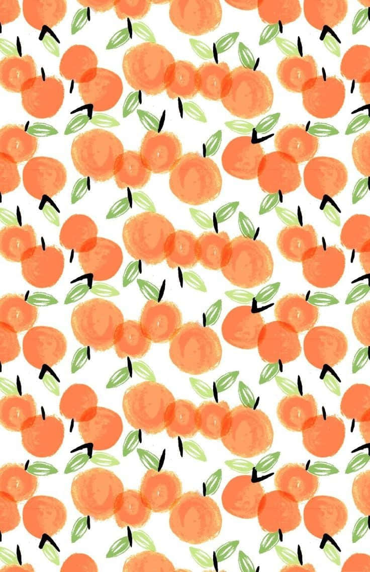 Peach iPhone 桌布 壁紙 — 充滿活力的水彩風格柳橙，搭配綠色葉子，散落在潔白的背景上，形成俏皮的重複圖案。