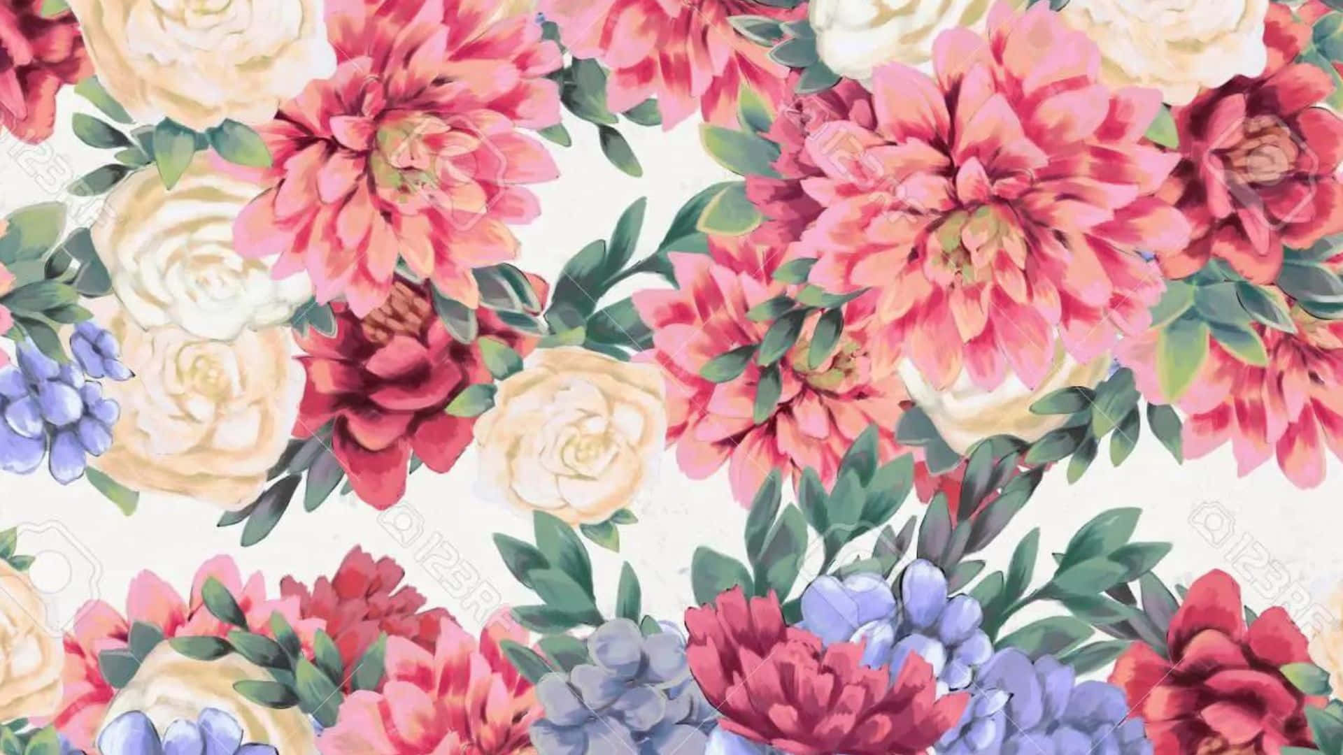 Floral Print 桌布 壁紙 — 充滿活力的水彩風格花卉圖案，帶有粉紅色、紅色和奶油色的大麗花和繡球花，背景為柔和的奶油色。