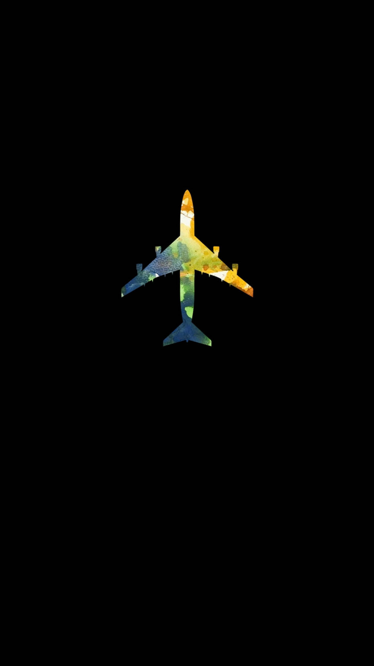 Plane 桌布 壁紙 — 充滿活力的水彩飛機剪影在純黑色背景上發光，帶有黃色、綠色和藍色的漸變色調。