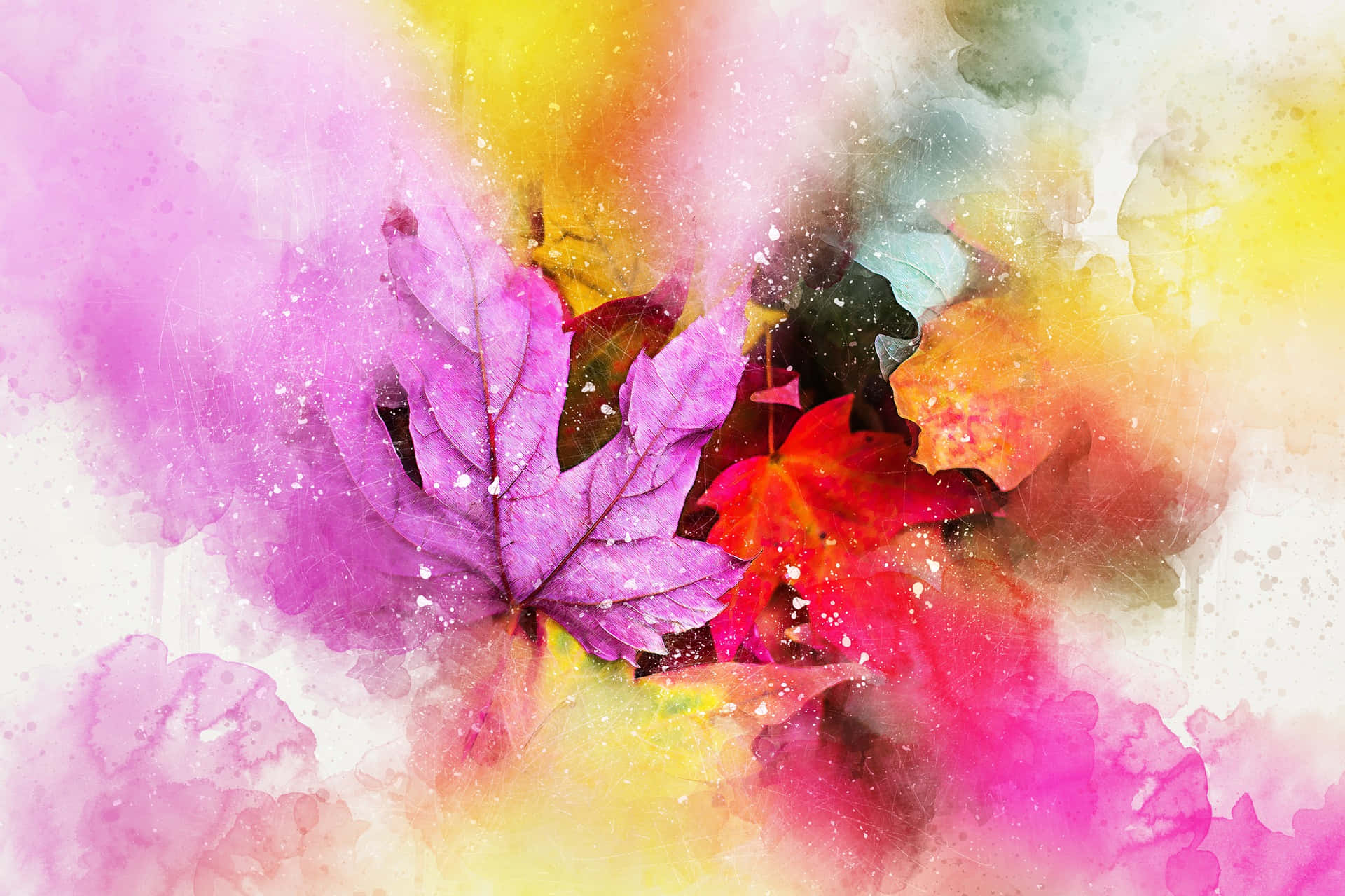 High Resolution Watercolor 桌布 壁紙 — 充滿活力的水彩飛濺圍繞著鮮豔的紫色和紅色楓葉，構成夢幻般的秋日構圖。