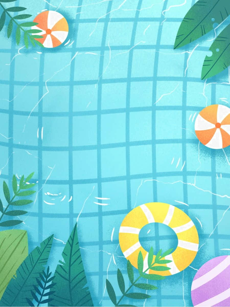 Swimming Pool 桌布 壁紙 — 充滿活力的池畔場景，漂浮的游泳圈和熱帶葉子映襯著藍色瓷磚水面。