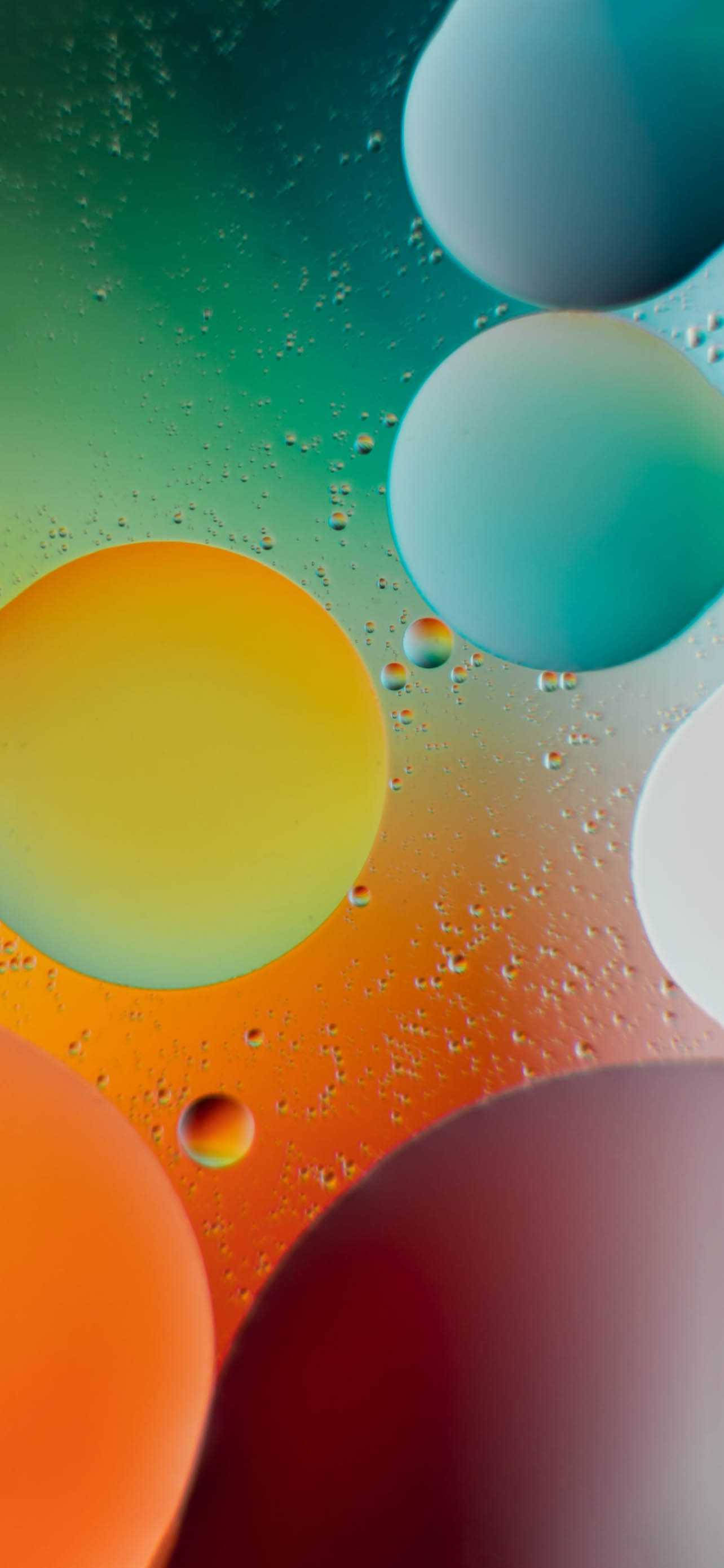 iOS 15 桌布 壁紙 — 充滿活力的油滴在水中漂浮，營造出橙色、藍綠色和黃色色調的迷人漸層效果。