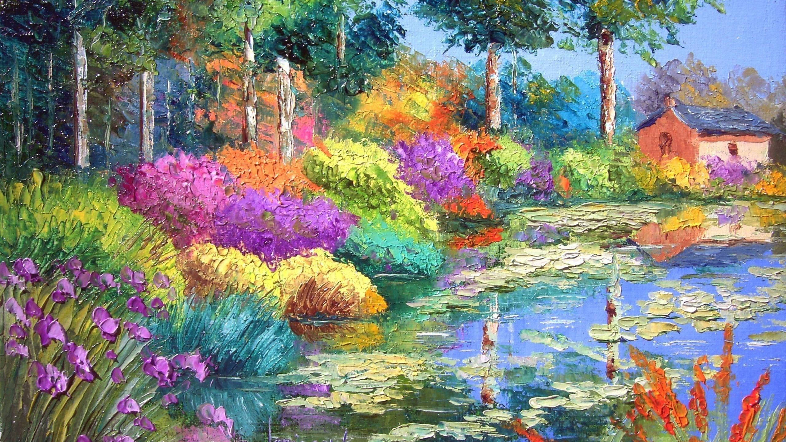 彩色動圖 桌布 壁紙 — 充滿活力的油畫，描繪一個陽光明媚的花園池塘，周圍環繞著色彩繽紛的花朵和樹木，背景中有一座小房子。