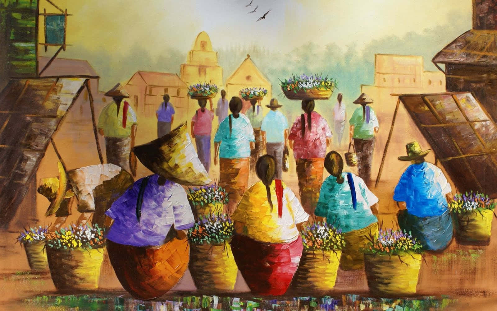 Painting 桌布 壁紙 — 充滿活力的油畫，描繪戴著彩色錐形帽的市場小販，在陽光明媚的村莊街道上提著花籃。