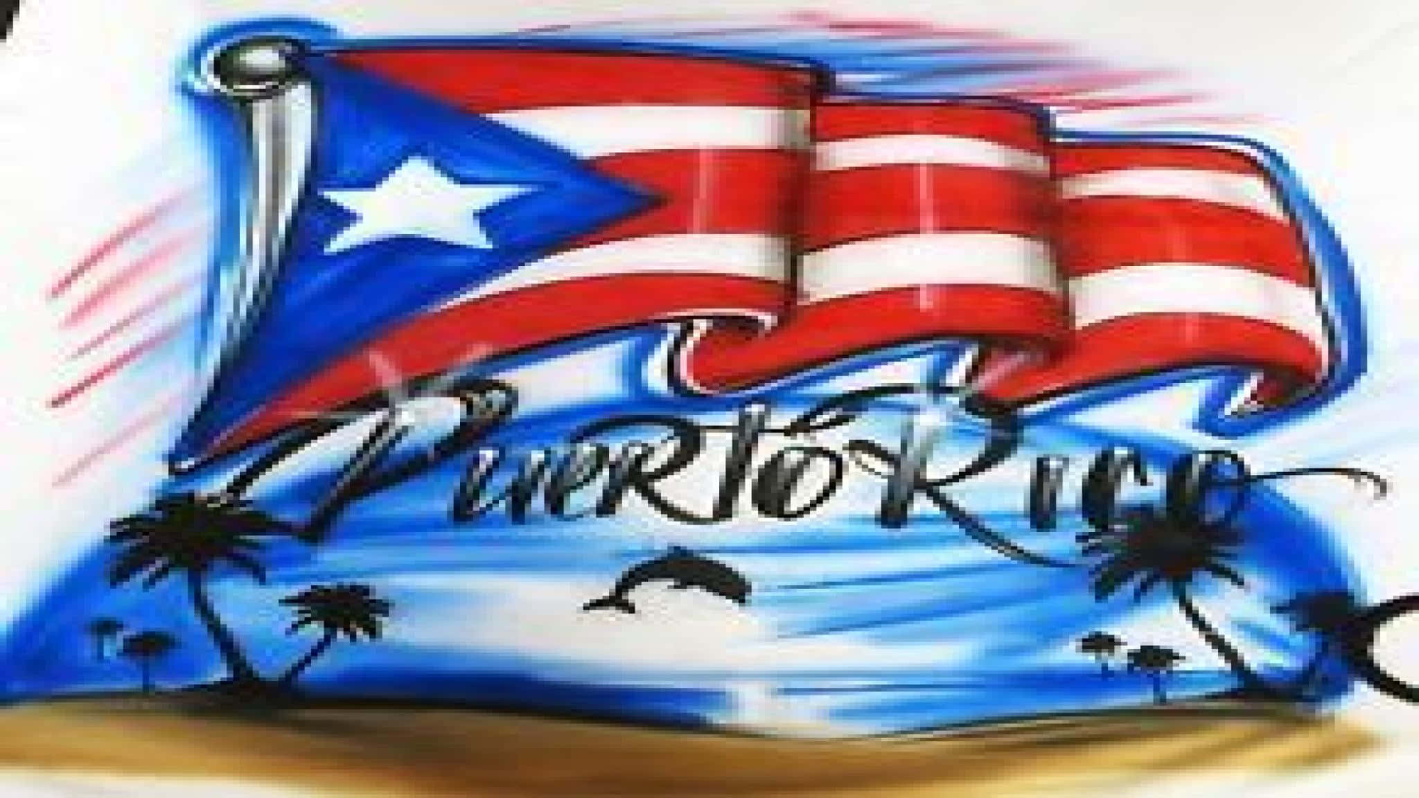 Puerto Rican 桌布 壁紙 — 充滿活力的波多黎各旗幟塗鴉藝術，在熱帶海灘上飄揚，有棕櫚樹和海豚。