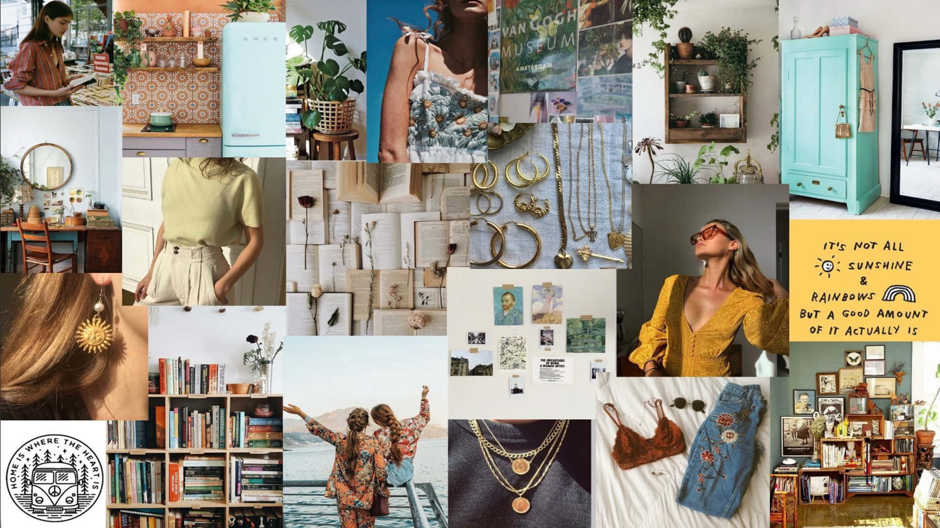 Aesthetic Collage Desktop 桌布 壁紙 — 充滿活力的波希米亞風格生活時刻拼貼畫， featuring 柔和色調家具、復古書籍、陽光充足的房間和穿著花卉服飾的快樂人物。