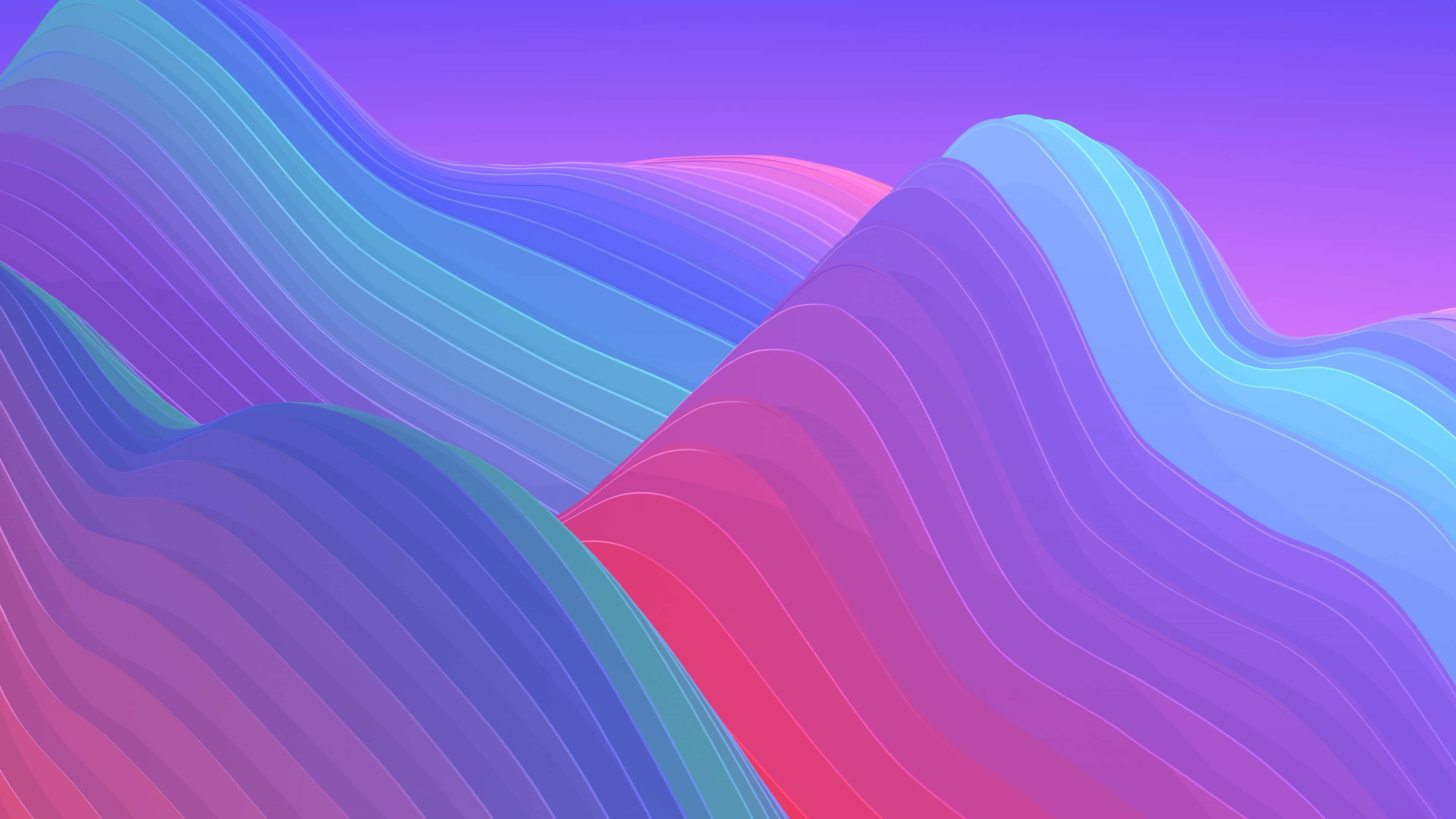 Colorful Abstract Art 桌布 壁紙 — 充滿活力的波浪線條，以漸變藍色、粉紅色和紫色流過平滑的數位景觀。