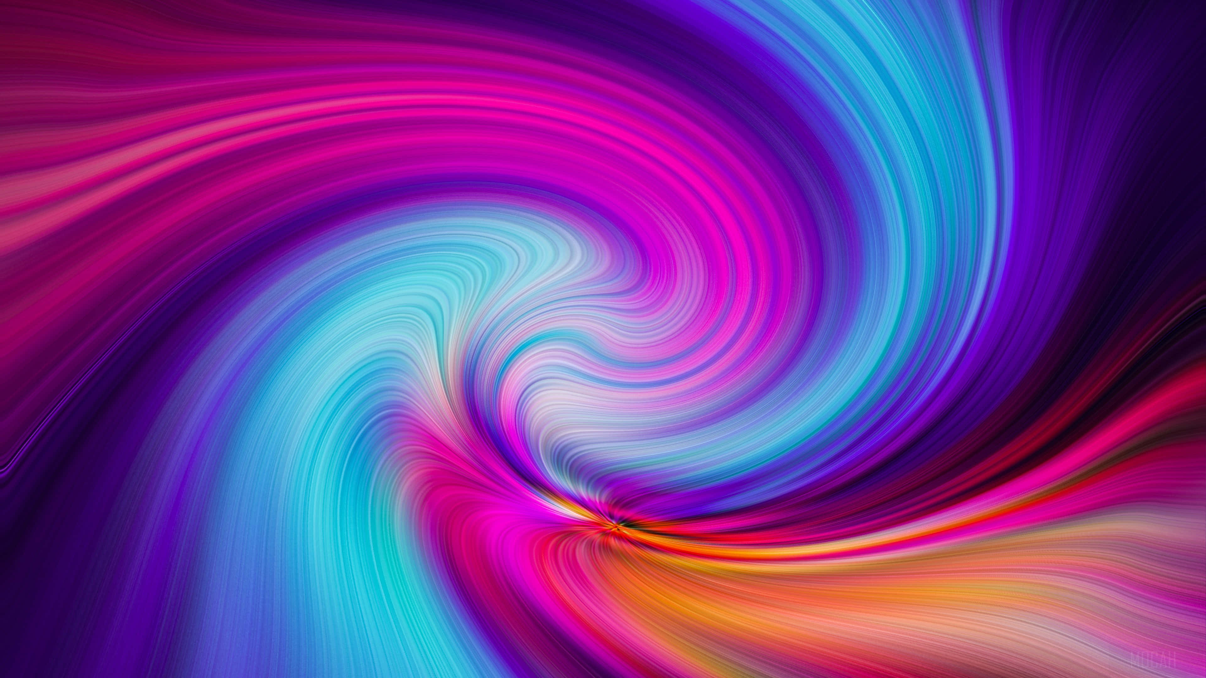Swirl 桌布 壁紙 — 充滿活力的洋紅色、青色和橙色漩渦帶創造出催眠般的宇宙漩渦效果。