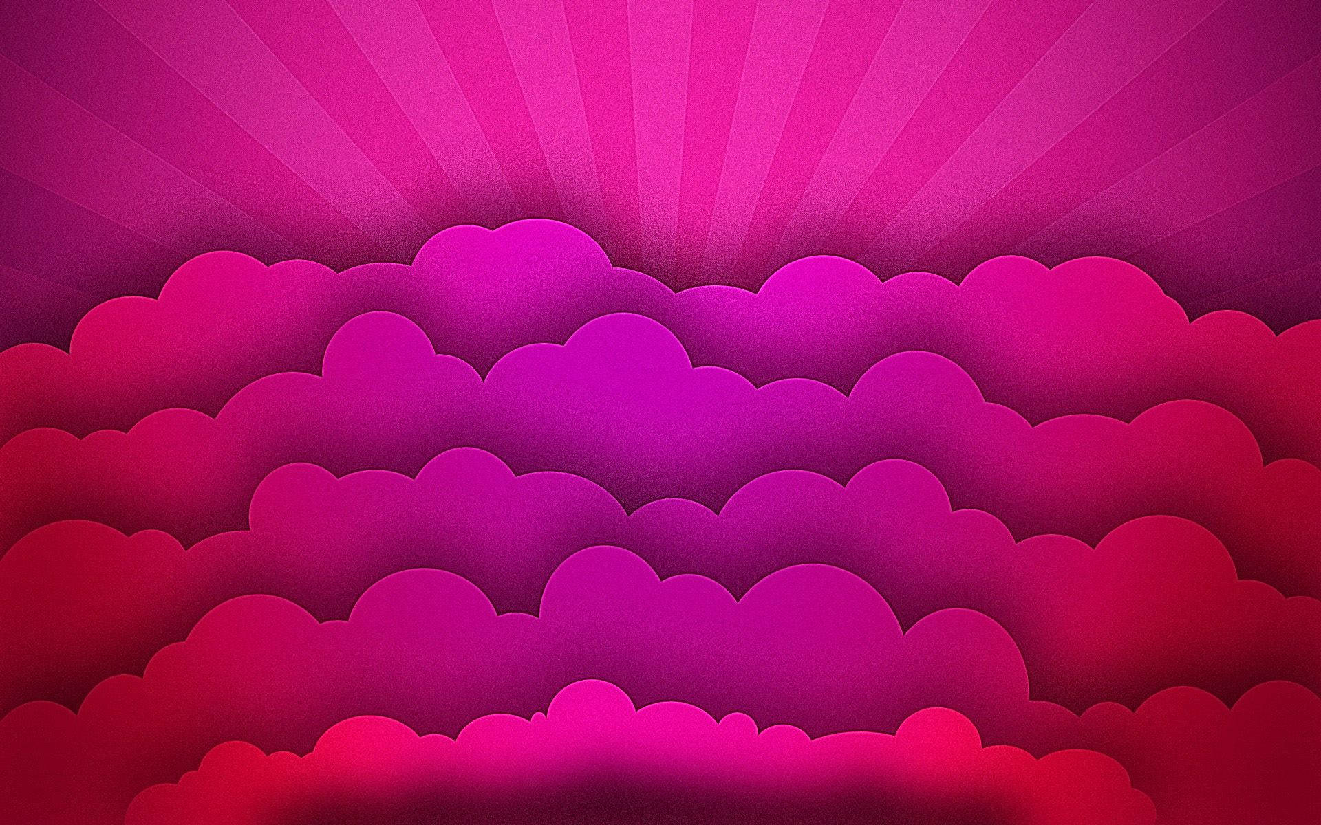 Cute Pink Cloud 桌布 壁紙 — 充滿活力的洋紅色和紫紅色雲朵以風格化的太陽爆發圖案層疊，背景為徑向漸變。