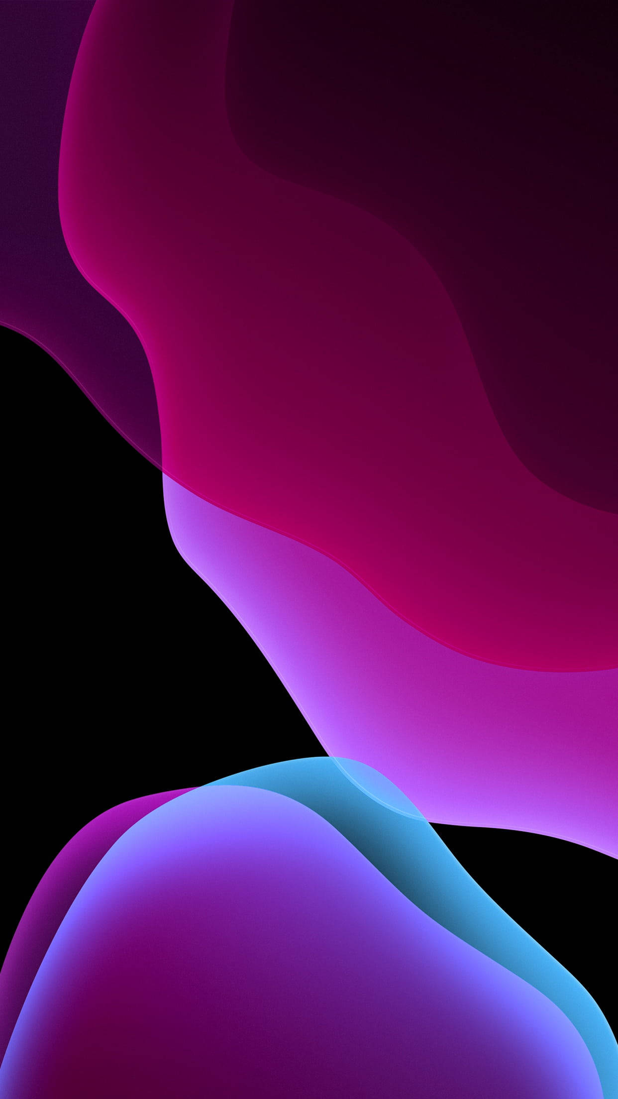 iPhone 桌布 壁紙 — 充滿活力的洋紅色和青色流體波浪在深黑色背景上優雅地流動，構成數位抽象作品。