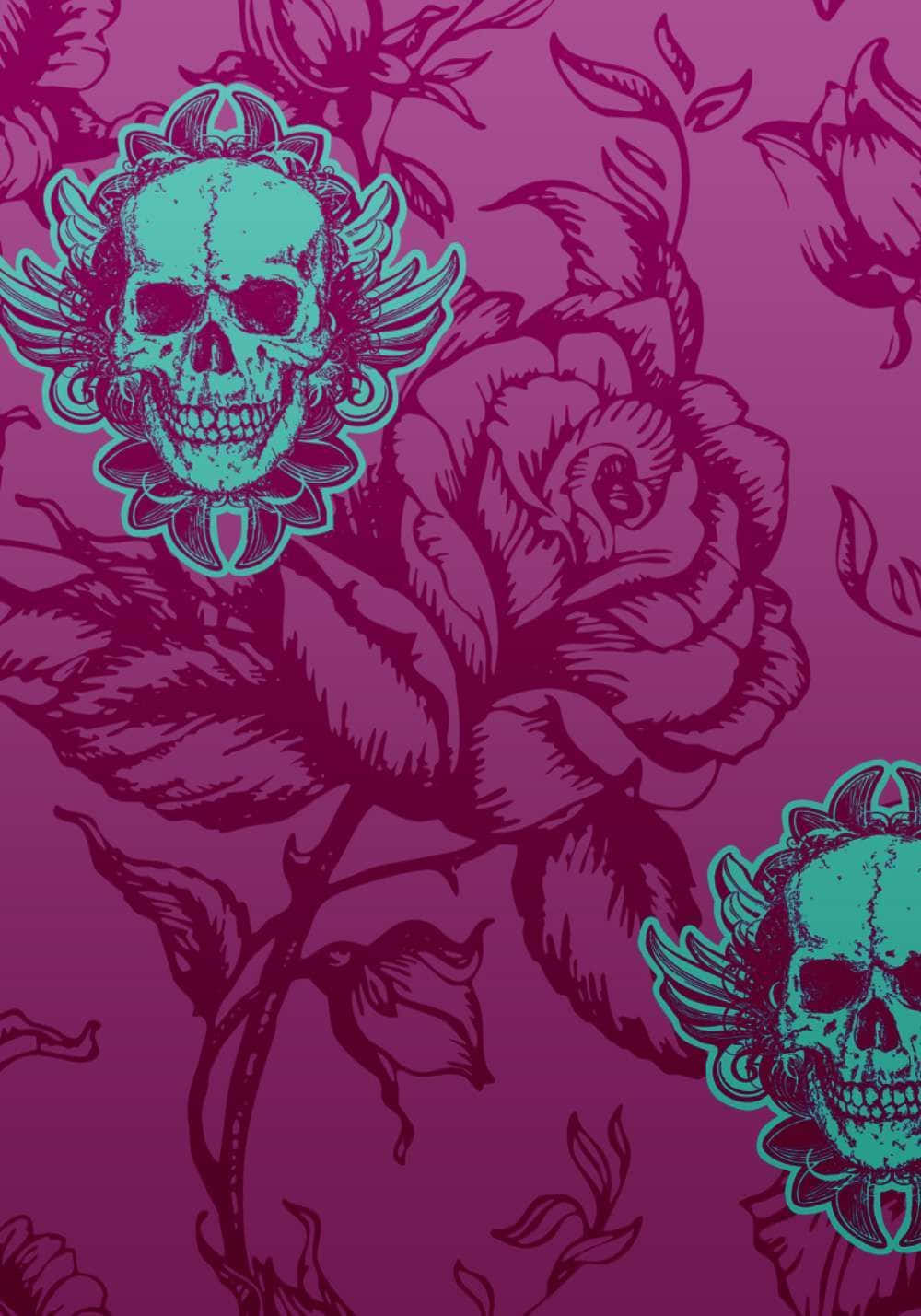Pink Skull 桌布 壁紙 — 充滿活力的洋紅色壁紙，帶有裝飾著翅膀和玫瑰的藍綠色骷髏頭重複圖案。