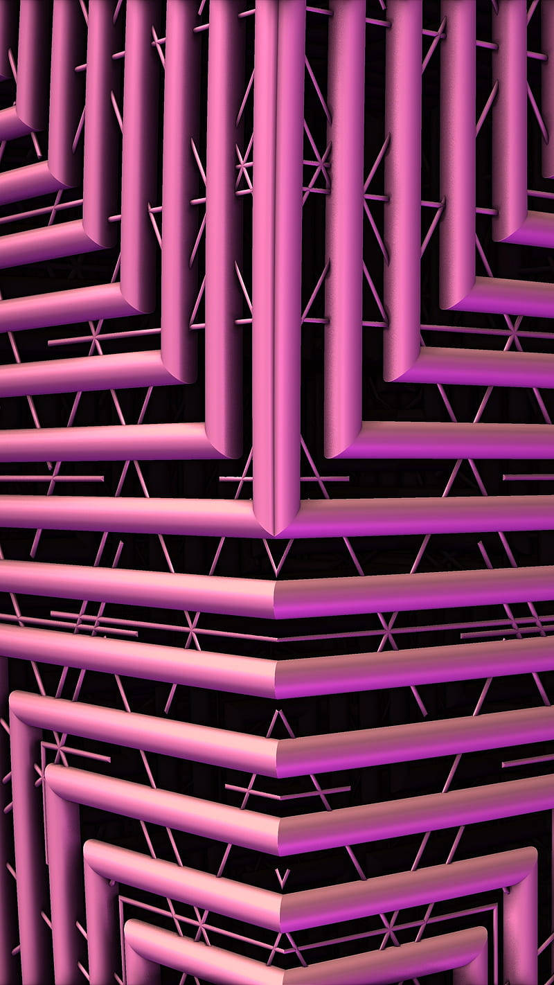 Geometric 桌布 壁紙 — 充滿活力的洋紅色幾何管狀結構在深色背景下形成複雜的3D網格，創造出未來主義的抽象圖案。