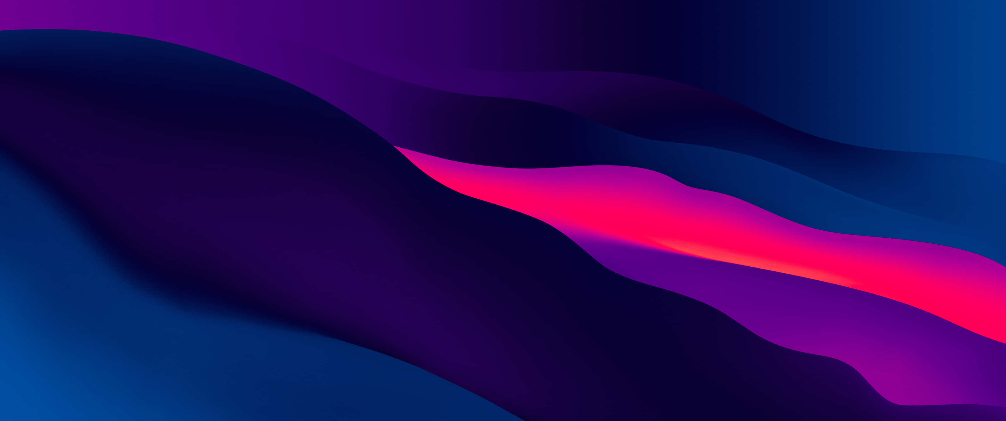 3440x1440 Neon 桌布 壁紙 — 充滿活力的洋紅色波浪流過深藍色和紫色漸變，形成流暢的抽象數位構圖。