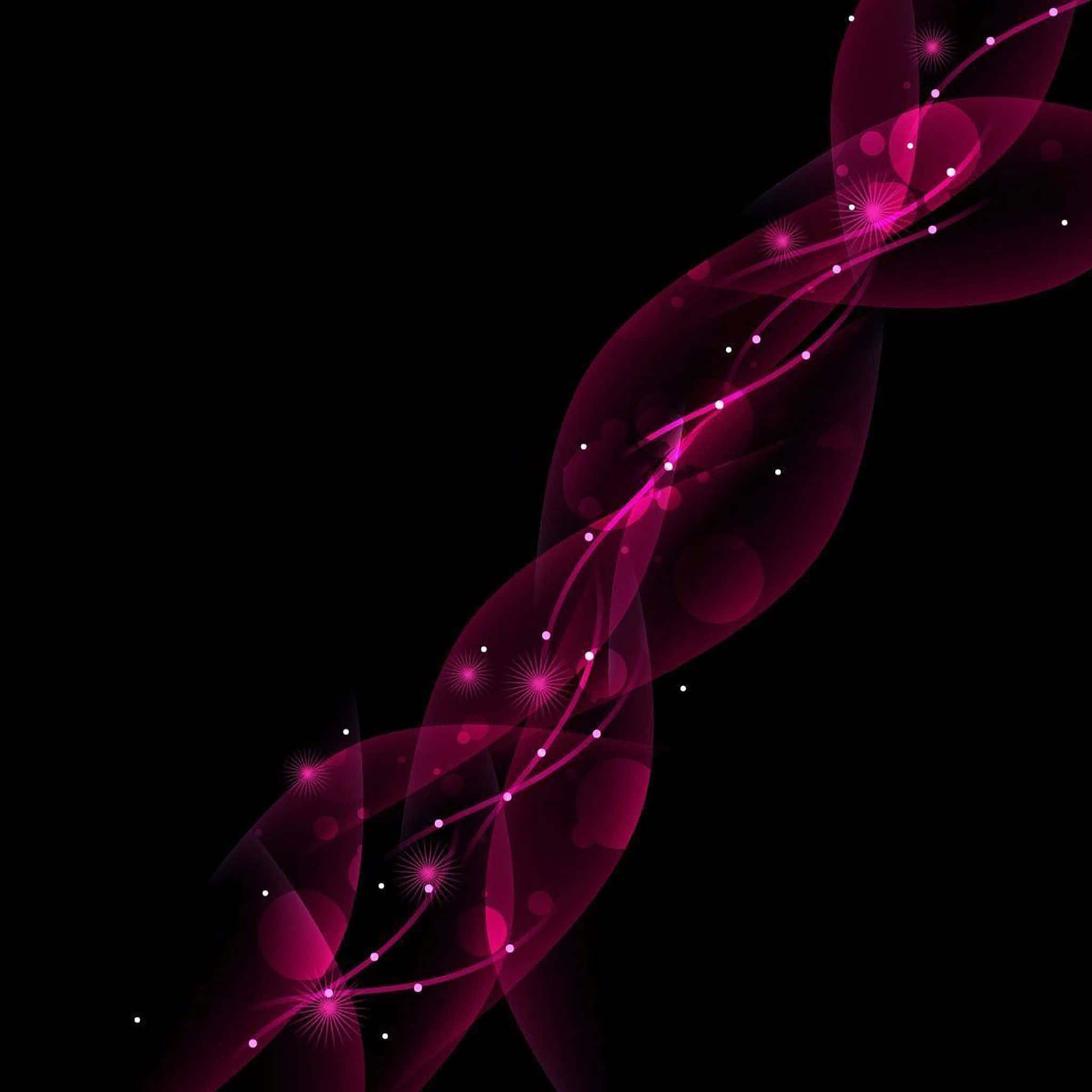 Pink iPad 桌布 壁紙 — 充滿活力的洋紅色發光捲鬚在深黑色背景上動態旋轉，並帶有閃爍的星爆點綴。