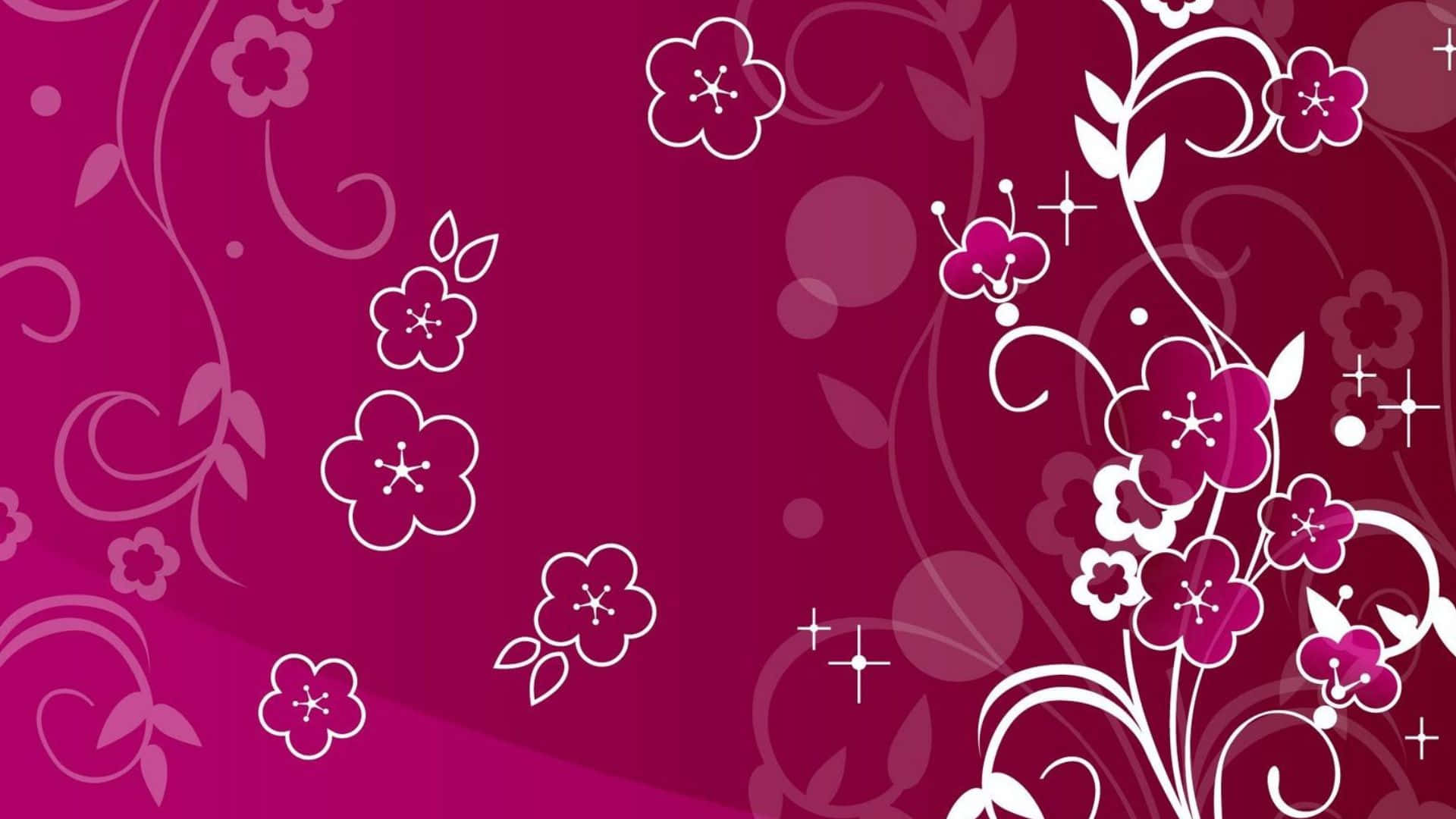 Floral Art 桌布 壁紙 — 充滿活力的洋紅色背景，飾以優雅的白色花卉漩渦和花朵，形成裝飾圖案。