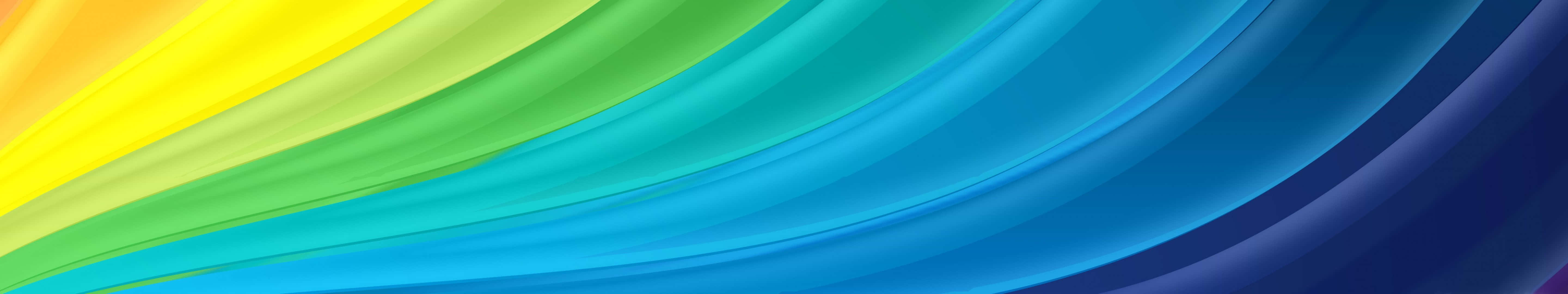 5760x1080 桌布 壁紙 — 充滿活力的流動彩色絲帶以從黃色到深藍色的動態漸變對角線掃過畫面。