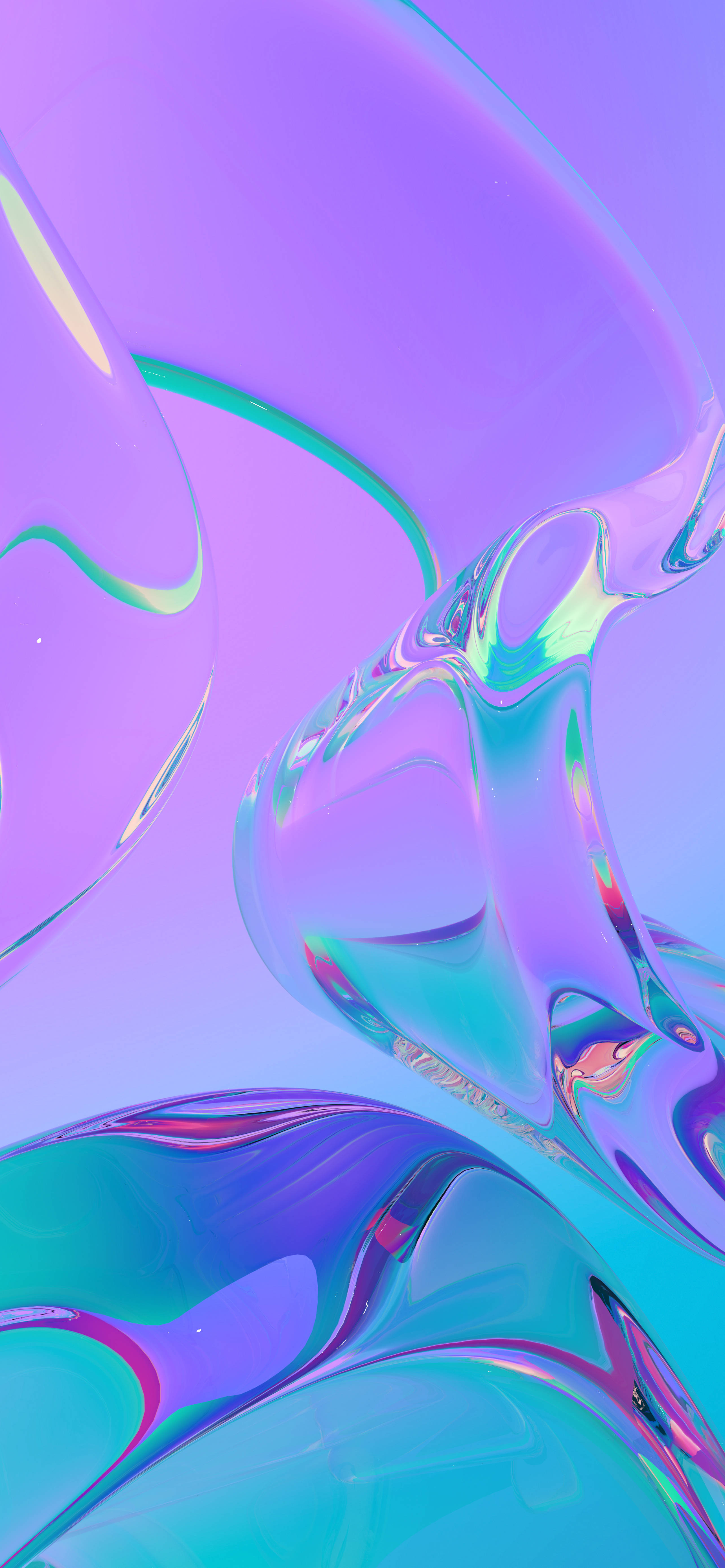 mobile 3d 桌布 壁紙 — 充滿活力的流動液體玻璃，呈現紫色、藍綠色和粉紅色調，在柔和的漸變背景上優雅地彎曲。